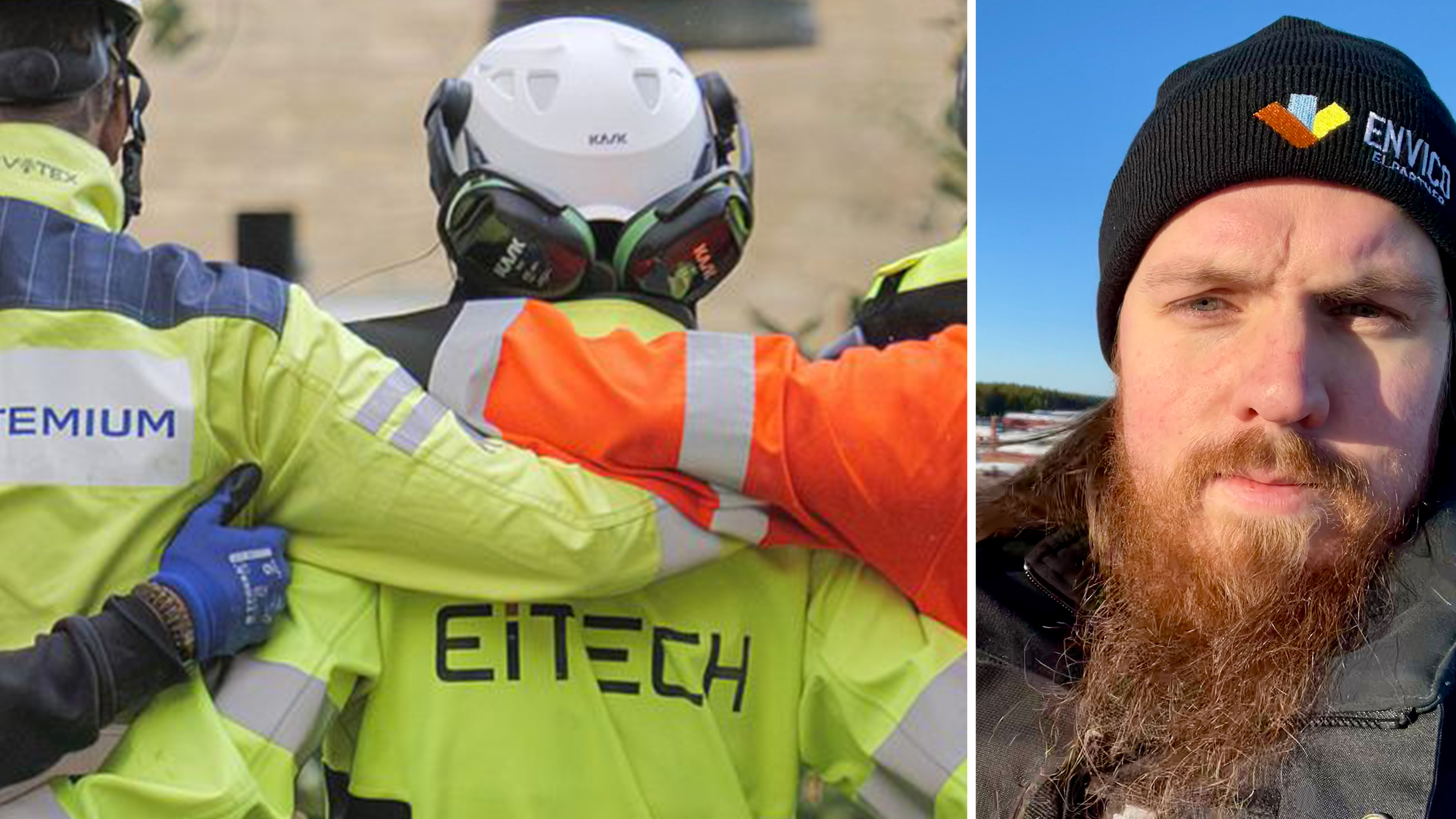 En grupp arbetare i skyddsvästar med "EITECH" och "EMIUM" loggor står tillsammans, en man med skägg och svart mössa med "ENIUM"-logga visas separat.