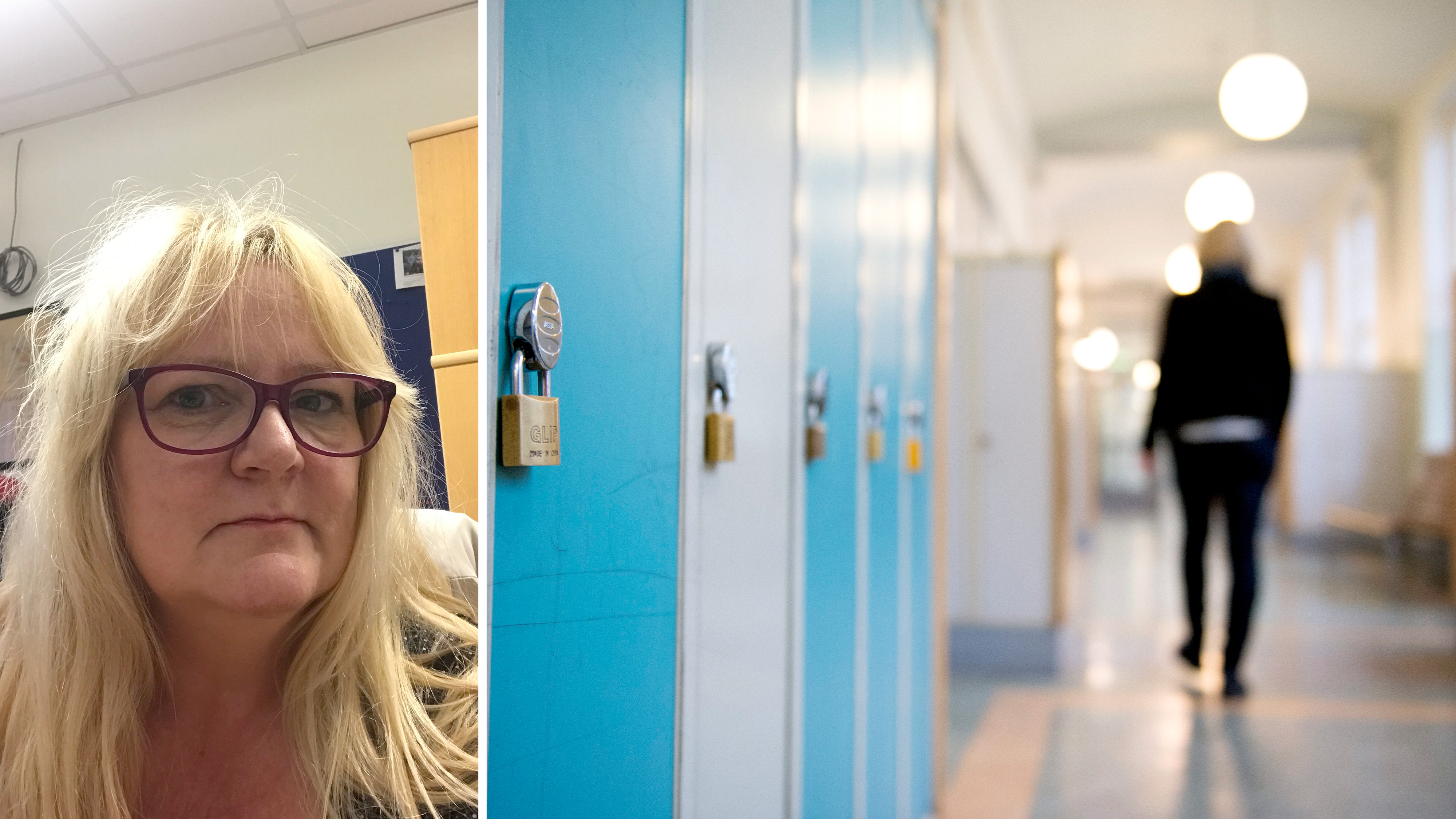Delad bild med ett porträtt på Lena Svanberg, invid ett foto på en person som går i en skolkorridor kantad av blå elevskåp.
