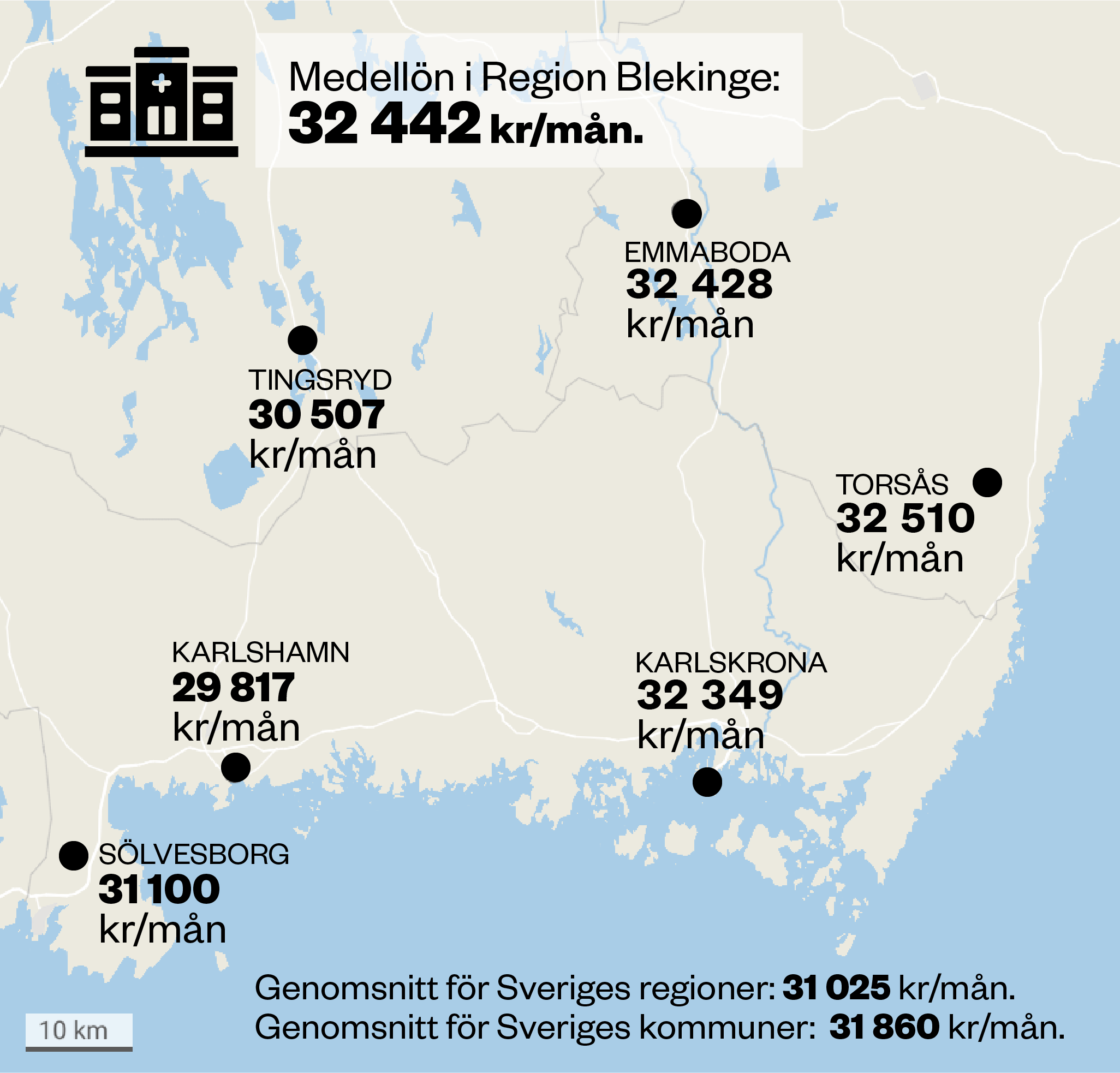 Karta som visar medellön i Region Blekinge och kommuner i närområdet.
