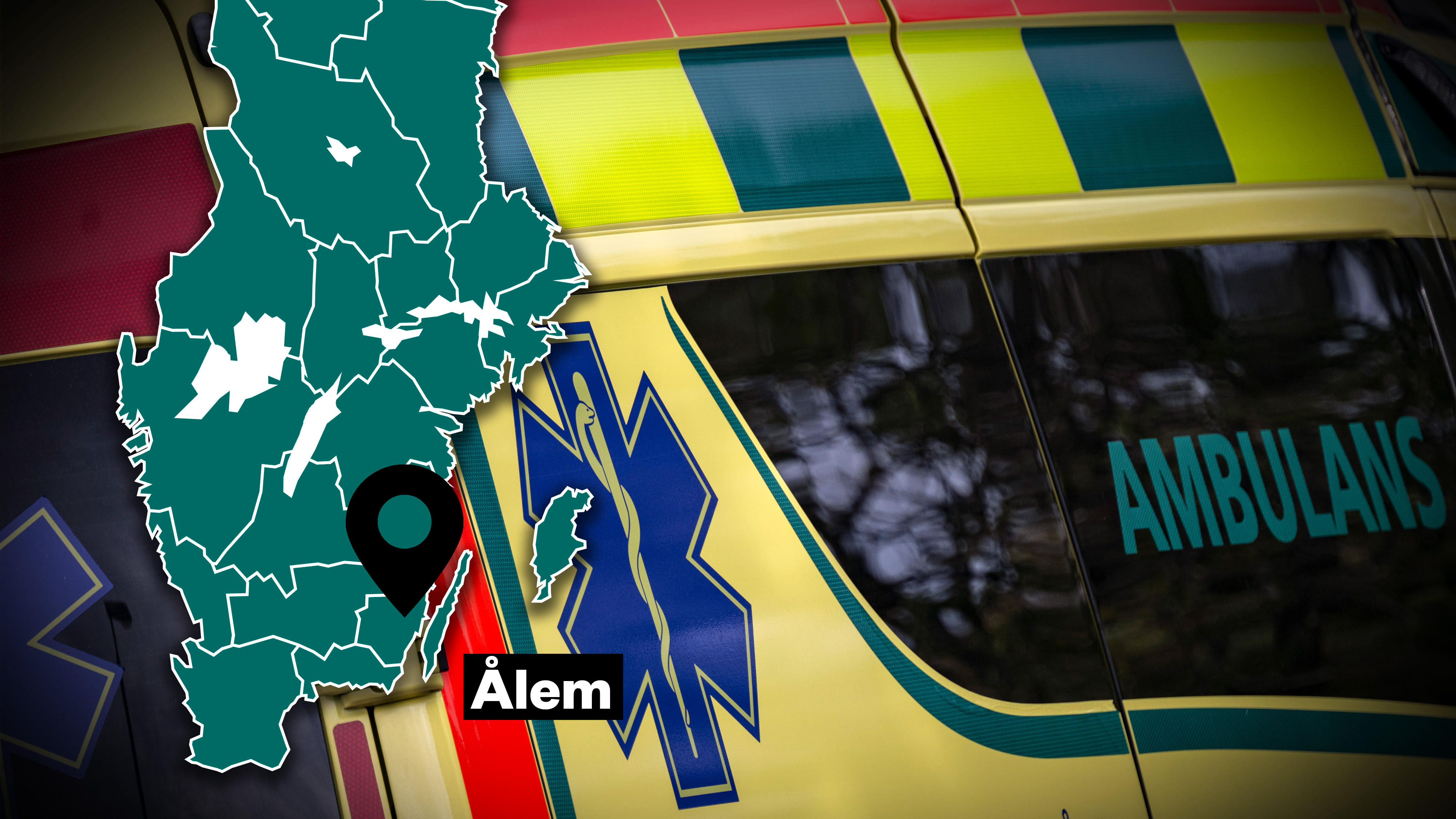 En karta som visar Ålem, Sverige, är placerad ovanpå en bild av en gul och grön ambulans med texten "AMBULANS".