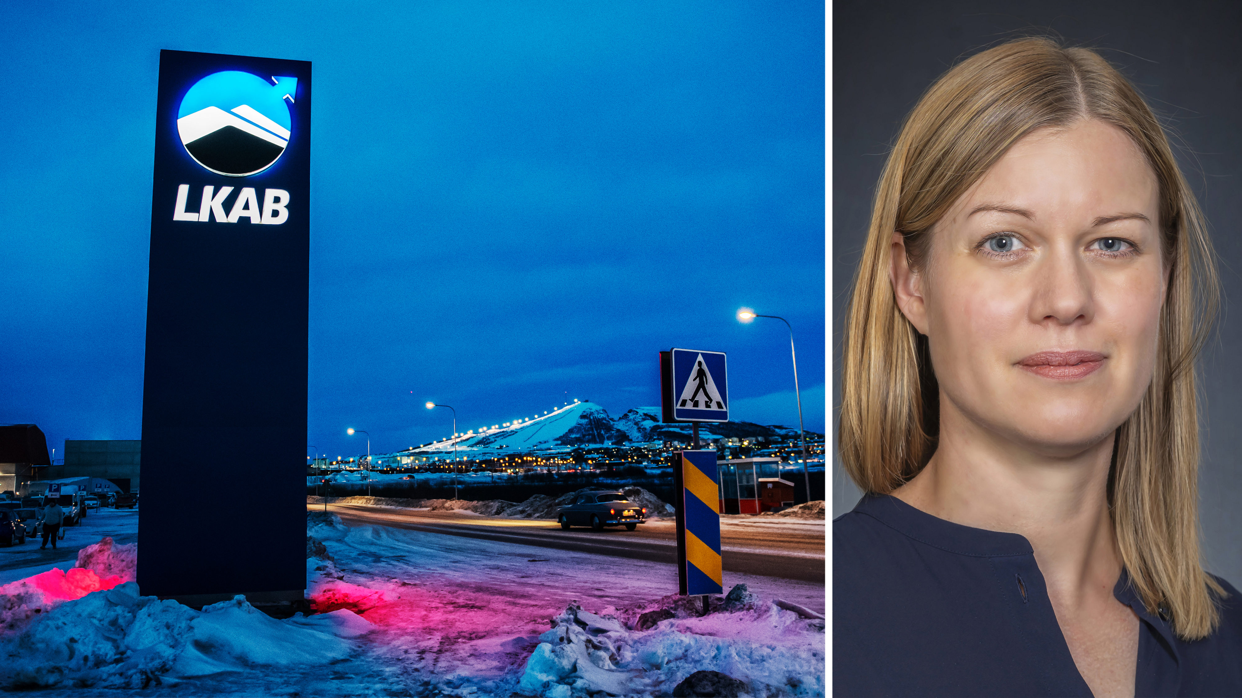 Till vänster finns en LKAB-skylt i snön och till höger en delad bild av en blondhårig kvinna på mörk bakgrund.