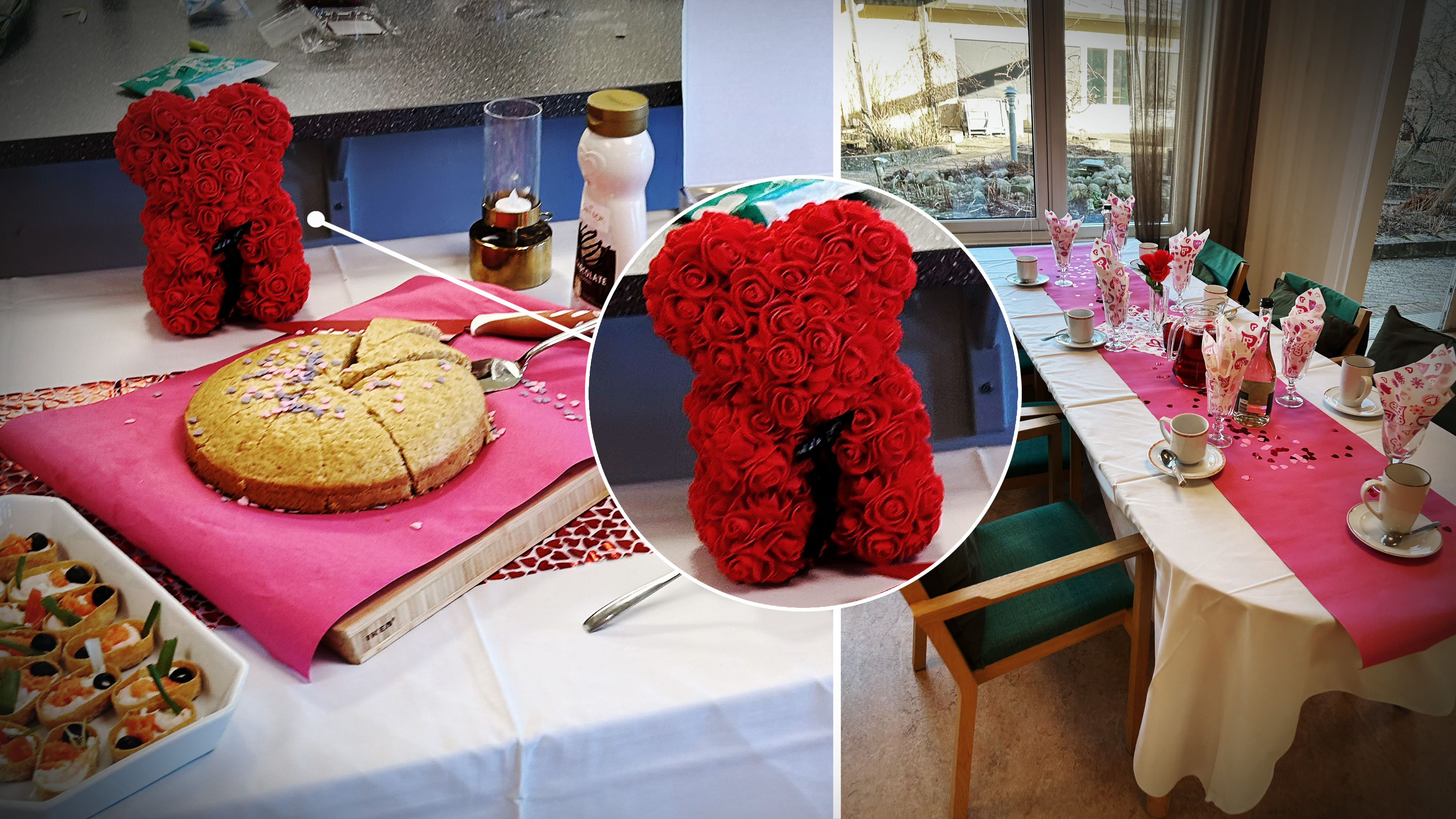 Ett bord dukat för fest med tallrikar, koppar, bakverk, en rund tårta och en röd rosnalle som mittpunkt på en rosa duk.