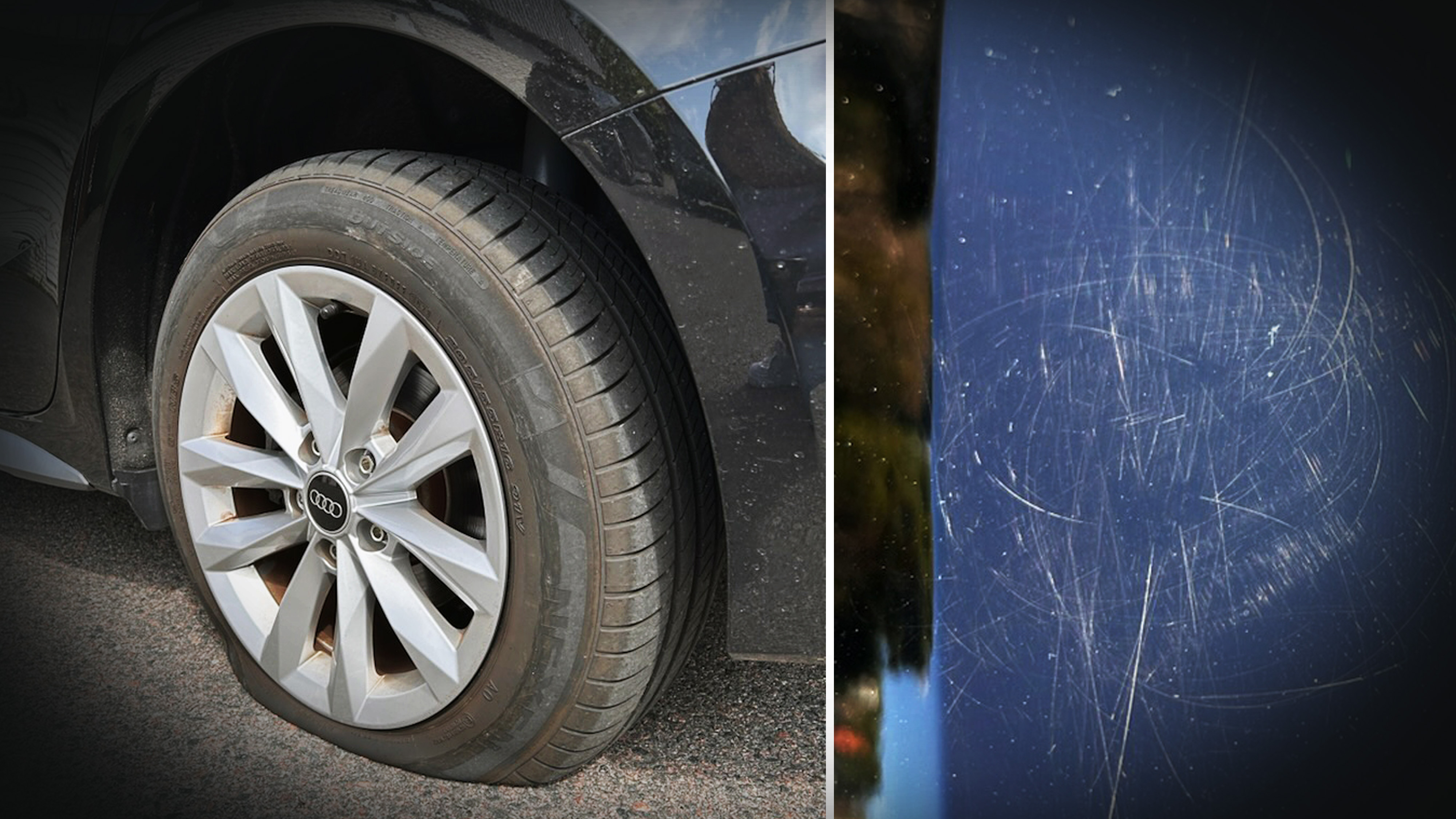 Ett punkterat däck på en biloch en närbild av flera repor på en blå bils lack.