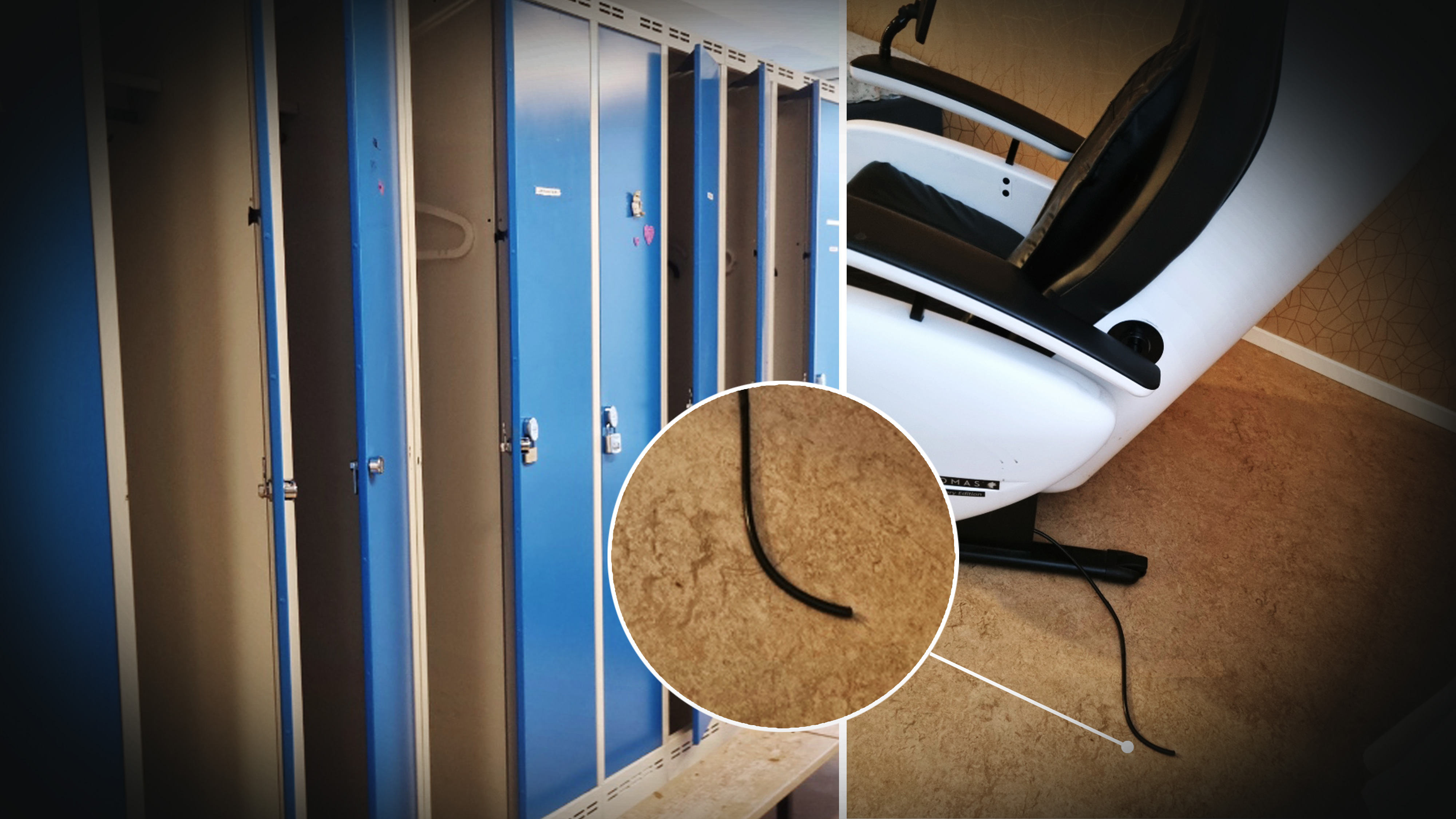 En svart kabel ligger på ett ljust golv nära en vit stol, med en närbild av kabeln bredvid en rad blå skåp.