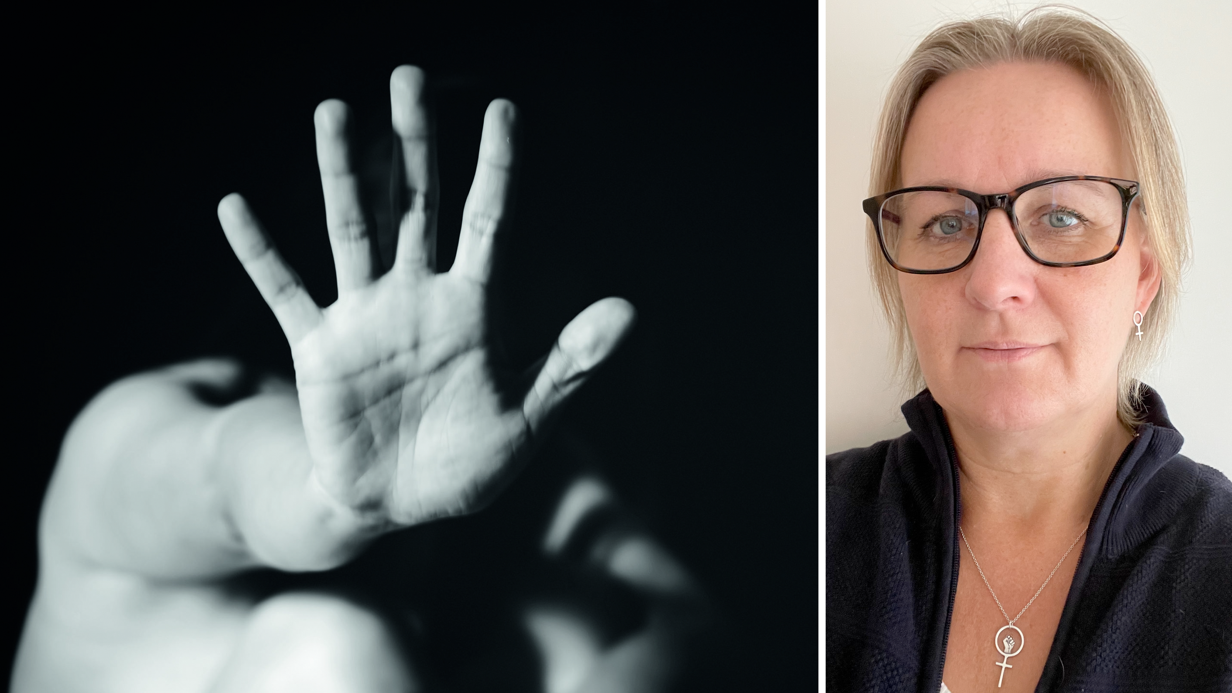 Delad bild med ett foto på en hukande person som håller upp handen i en skyddande gest, invid ett porträtt på Elisabeth Antfolk.