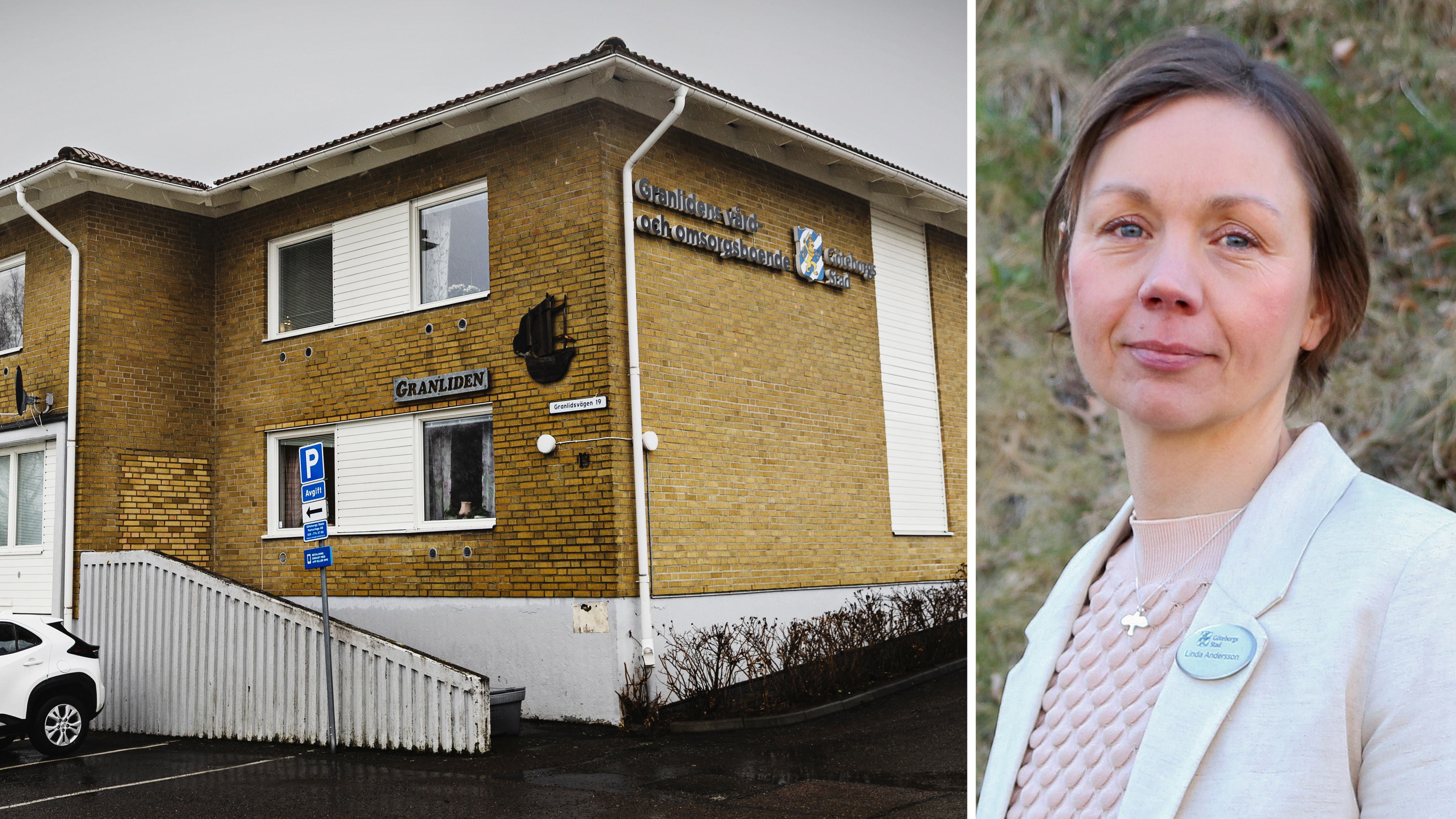 Två våningar gult tegelbyggnad med en skylt "Granliden" Till vänster; till höger står Linda Anderson utanför i jacka och tittar in i kameran.
