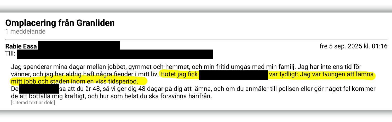 En skärmdump av ett meddelande där Rabie berättar om hoten han utsatts för.