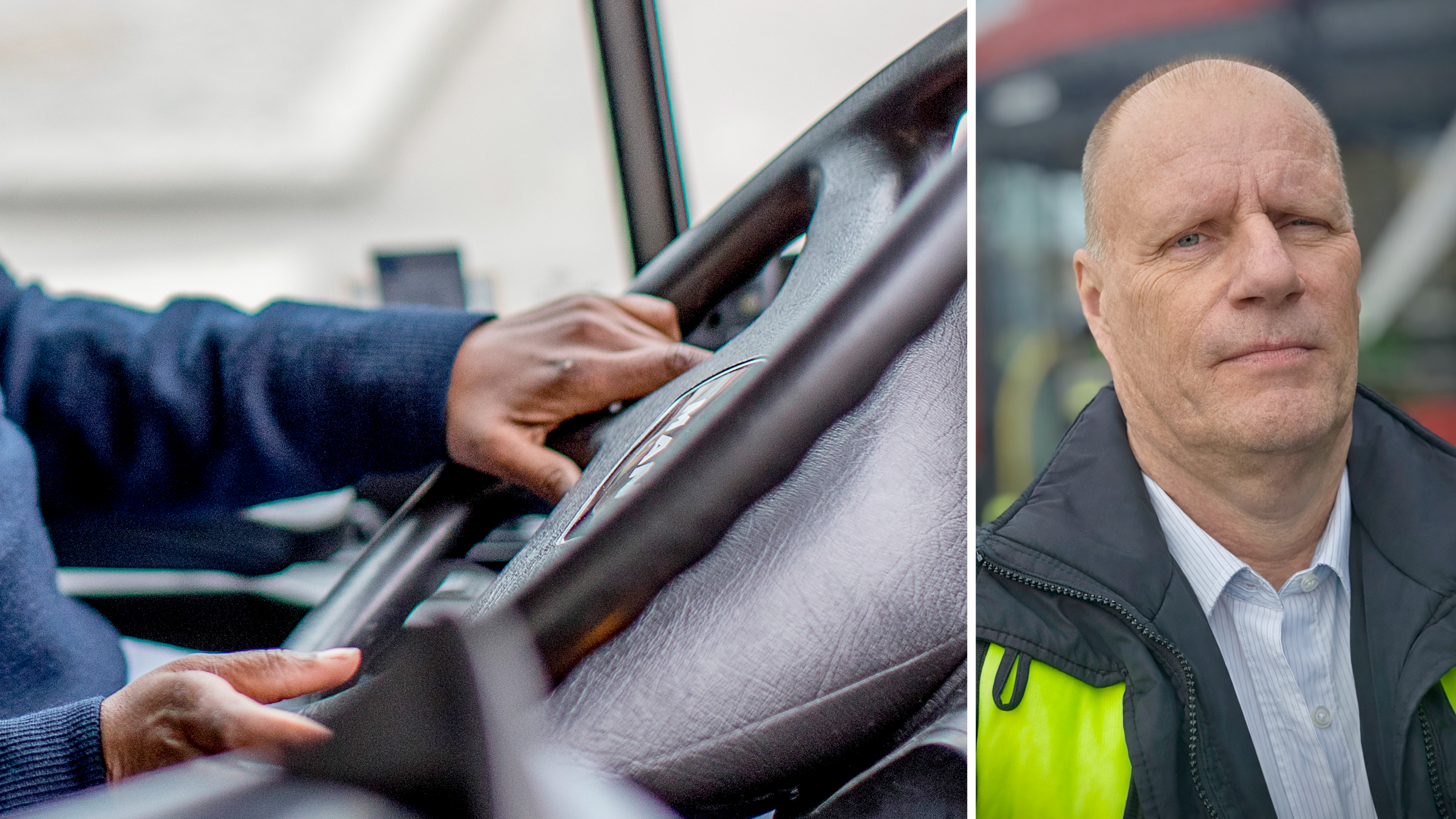 Delad bild med foto på en busschaufförs händer på ratten, invid ett foto på Peter Sellén.