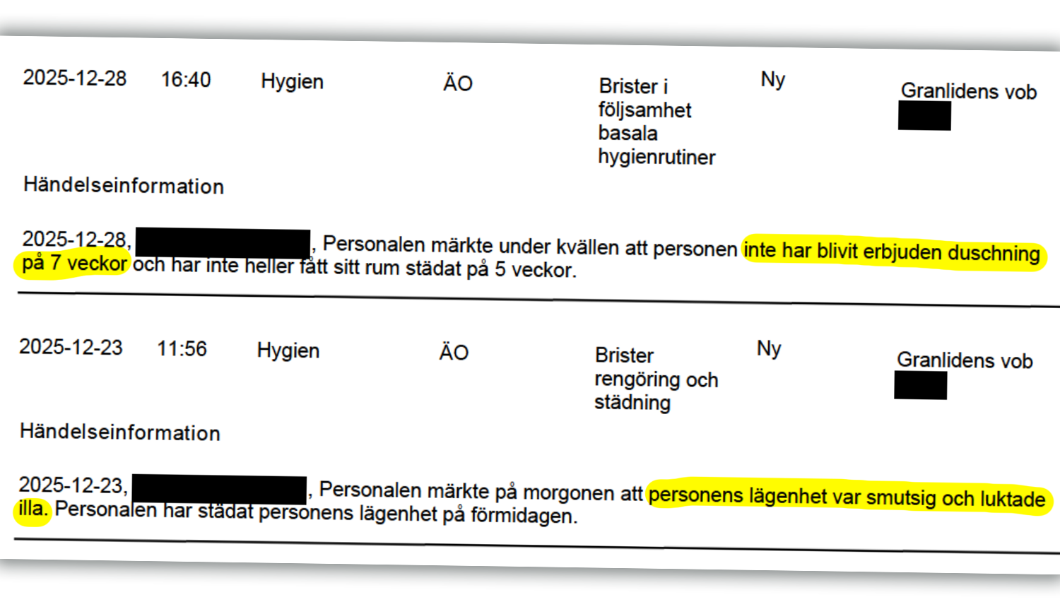 Motstridiga handlingar, bland annat två anteckningar från personal om att en person inte har fått duscha på sju veckor och att personen bor i en smutsig lägenhet.