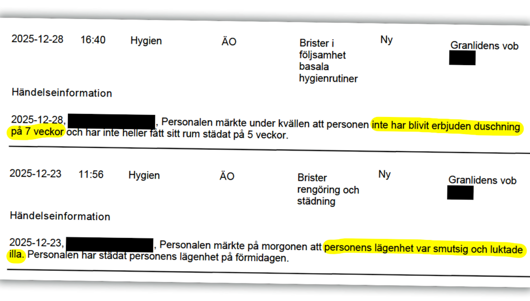 Motstridiga handlingar, bland annat två anteckningar från personal om att en person inte har fått duscha på sju veckor och att personen bor i en smutsig lägenhet.