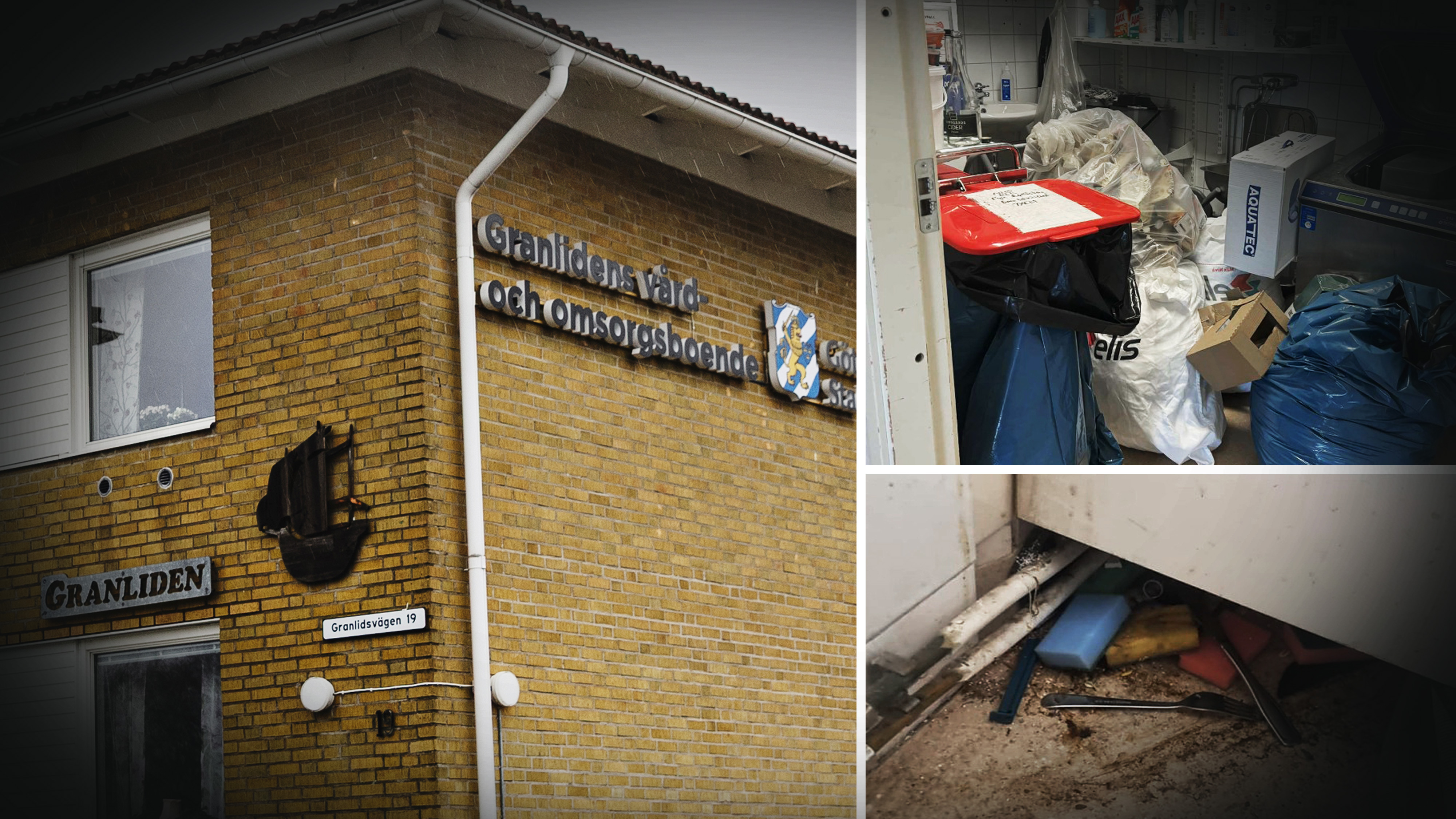 Collage av gul tegelbyggnad för äldre, trasiga väggar, överfull tvättstuga och sopor och städredskap på golvet.