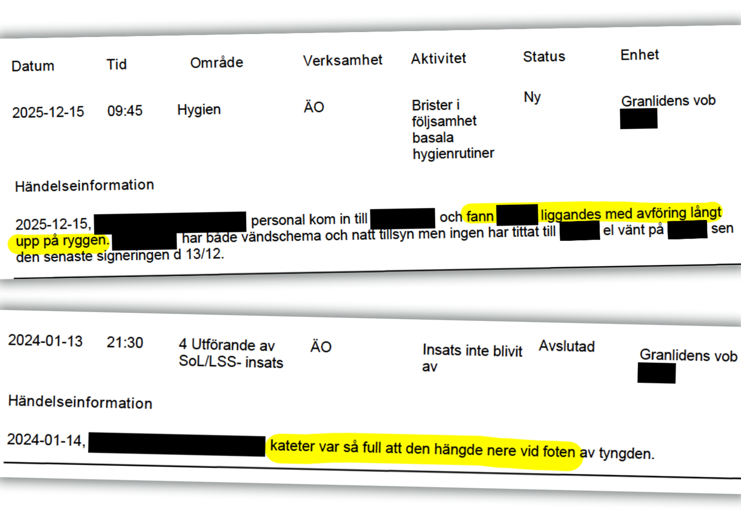 Avvikelsedokument med markerad text om avföring på en persons rygg och en fylld kateter.