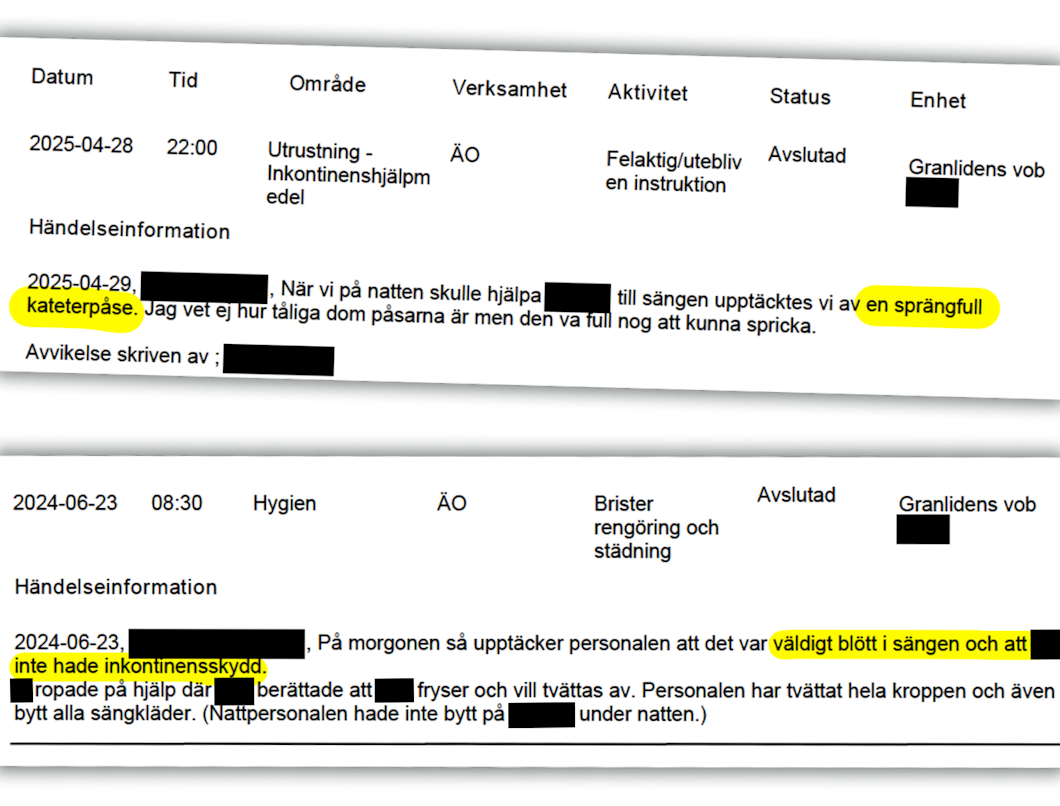 Motstridiga dokument som beskriver en incident med en full kateterpåse och att en boende påträffats urinerande utan inkontinensskydd på plats.