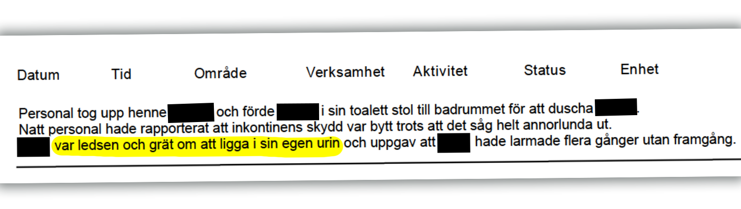 Ett avvikelsedokument med ett eftertryckligt uttalande, ``Jag grät för att jag var ledsen över att jag låg i min egen urin.''