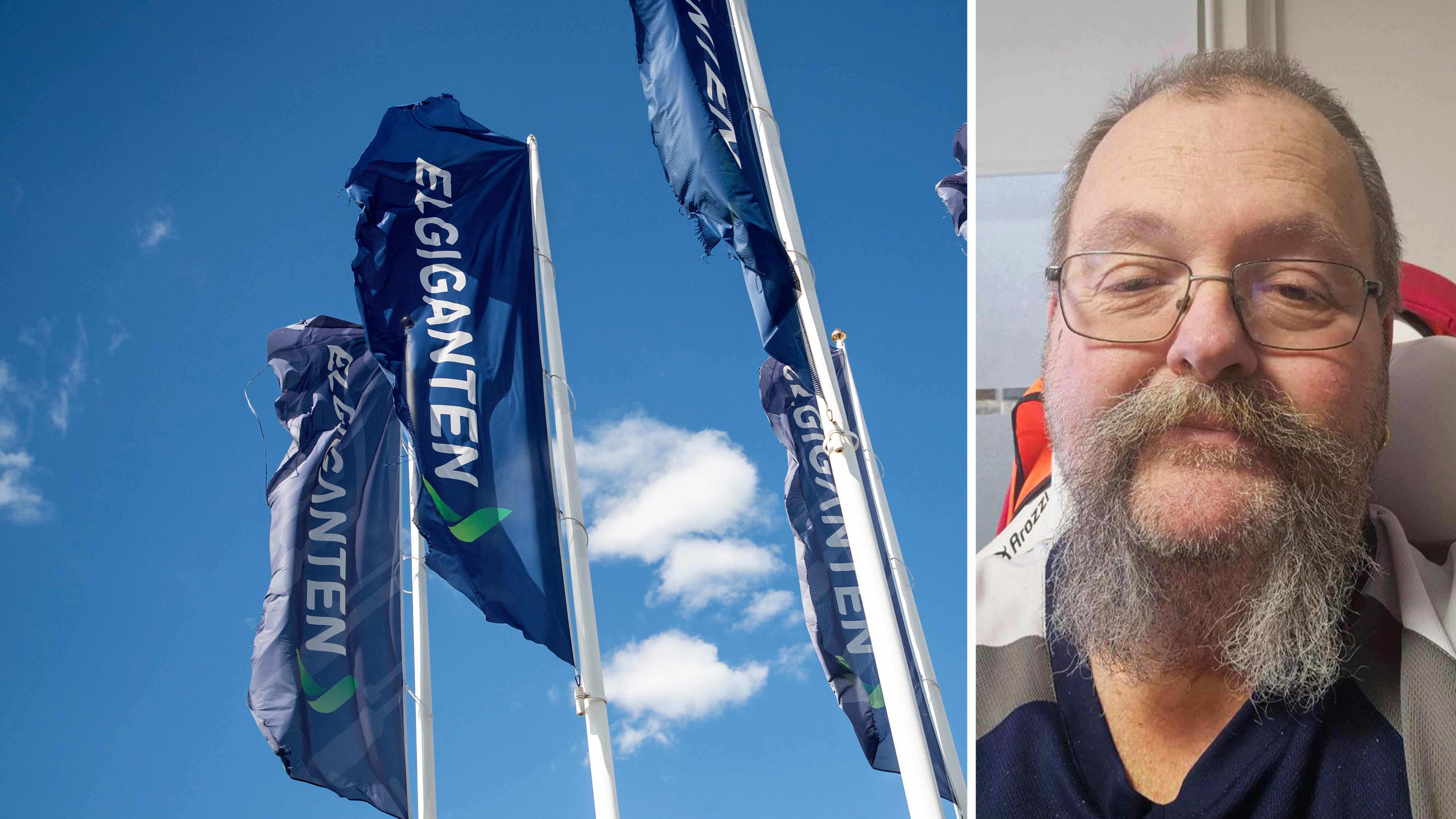Till vänster syns fyra Elgiganten-flaggor på flaggstänger mot himlen; till höger sitter en man med glasögon och ser mot kameran.