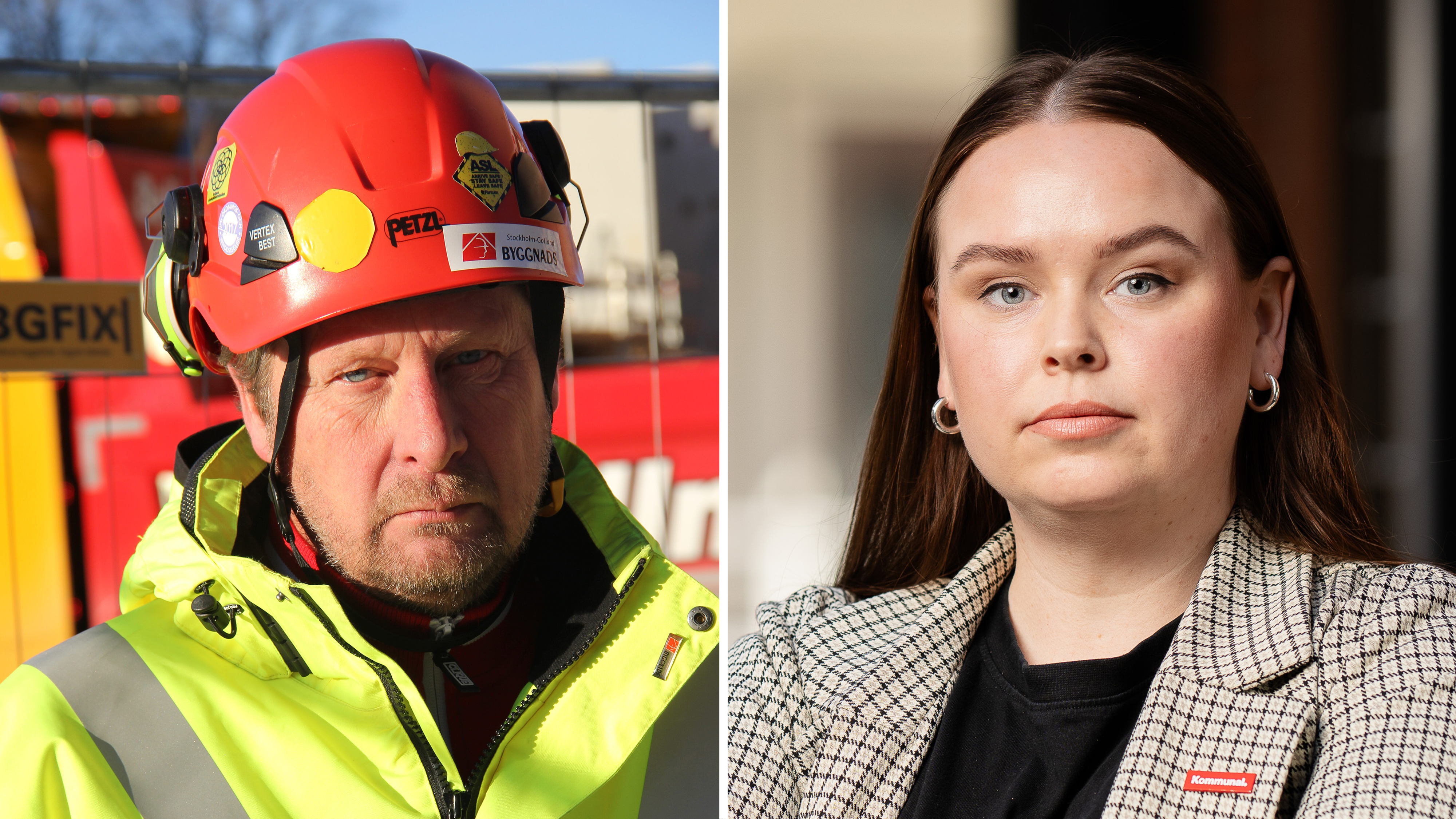 En man med byggsäkerhetsutrustning och en kvinna i rutig kavaj visas på delad bild.