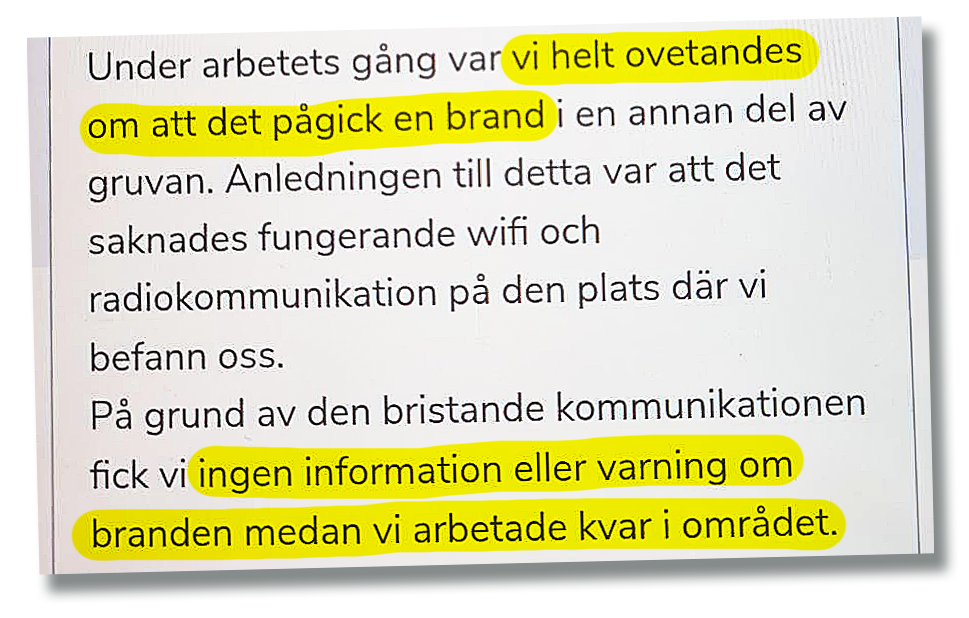 Utdrag ur texten om Malmbergets gruvbrand. Områden där personalen inte fick information vid brandtillfället är markerade med gult.