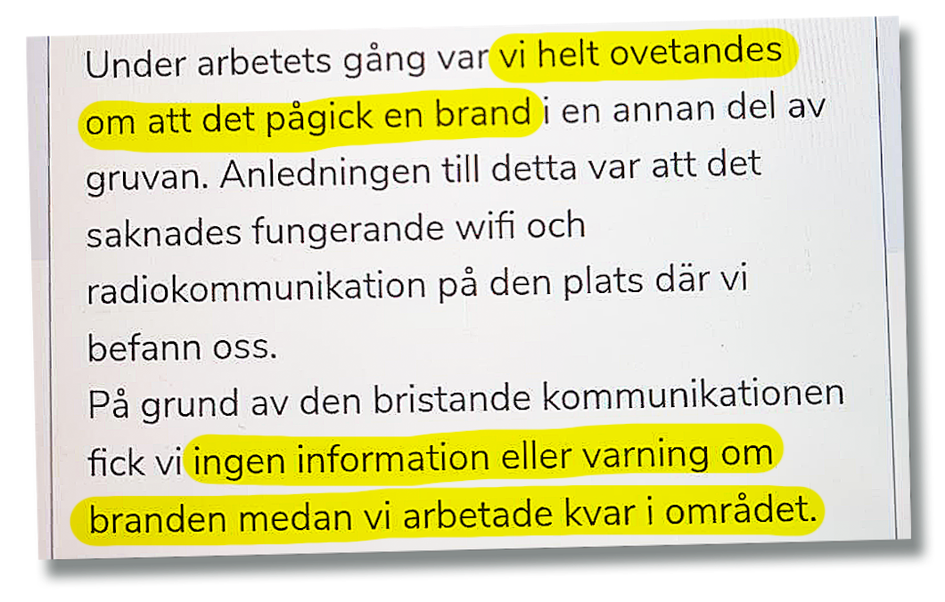 Utdrag ur texten om Malmbergets gruvbrand. Områden där personalen inte fick information vid brandtillfället är markerade med gult.