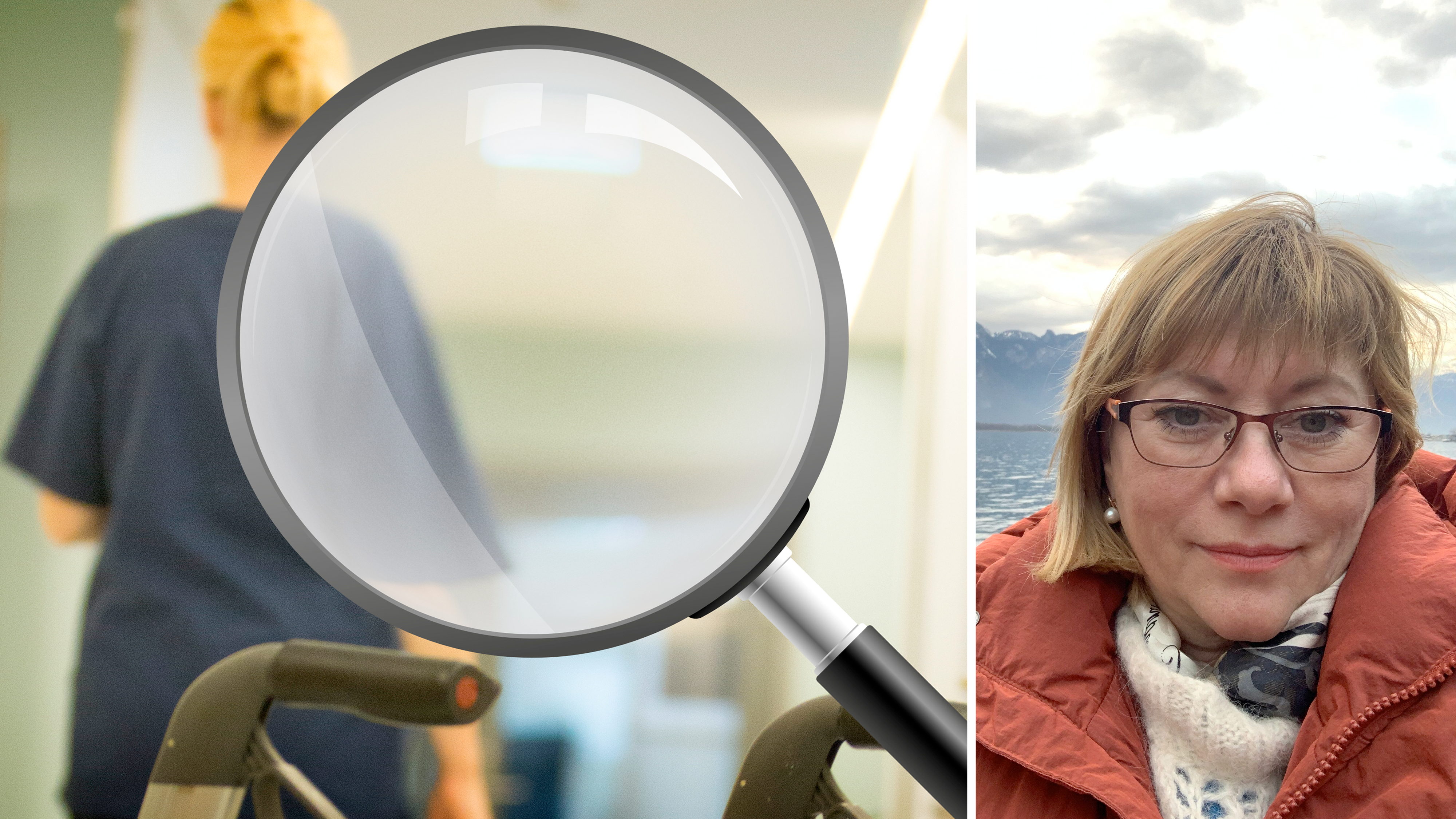 Delad bild med ett förstoringsglas som zoomar in på en vårdanställd i en korridor, invid ett foto på Tatiana Karelina utomhus.