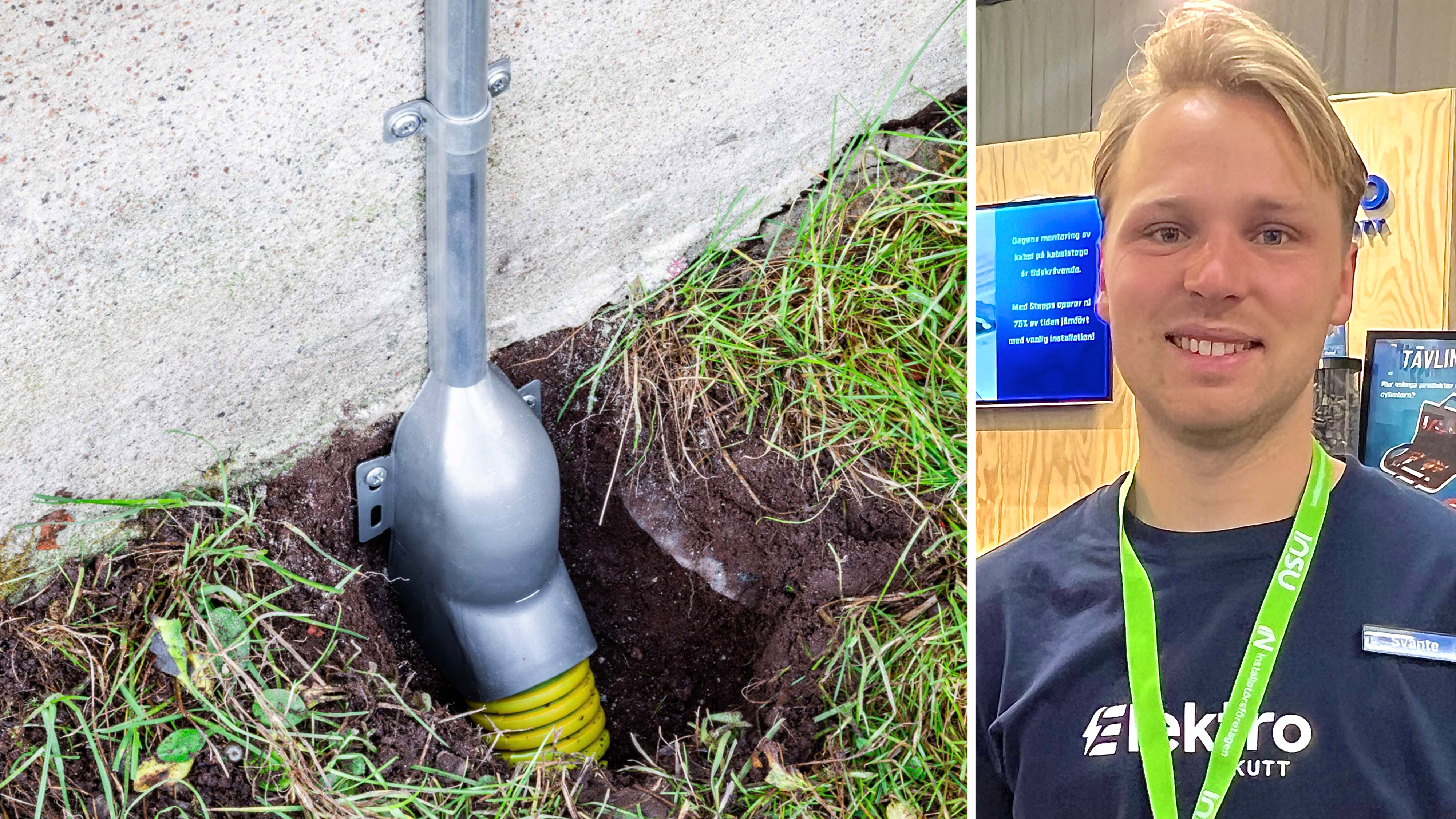 Ett verktyg med gultt handtag är isatt i marken bredvid en betongvägg; till höger ler en person med mörk tröja inomhus.