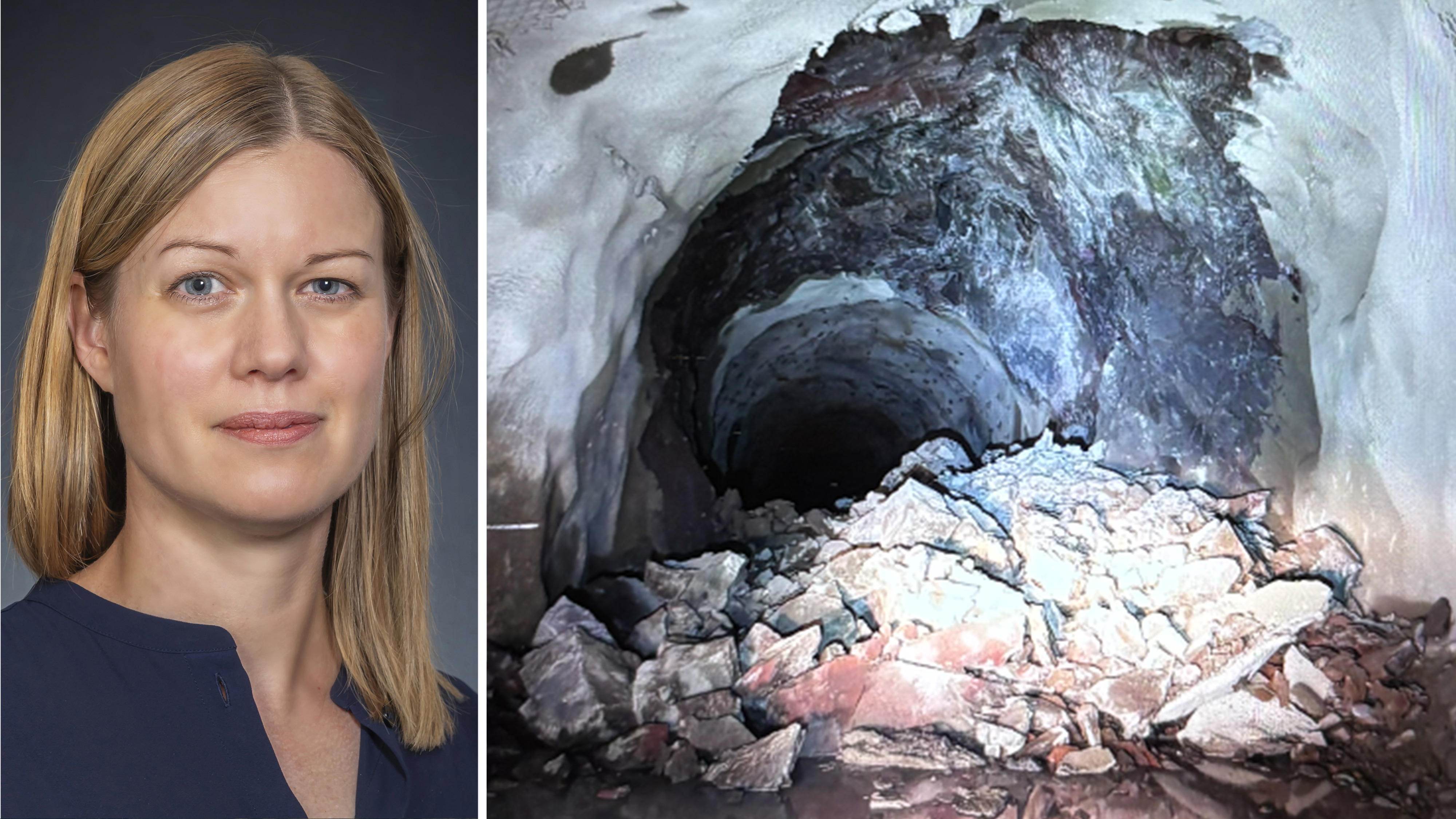 Porträttet till vänster visar en kvinna med blont hår. Till höger finns en tunnel med en stenhög som blockerar ingången.