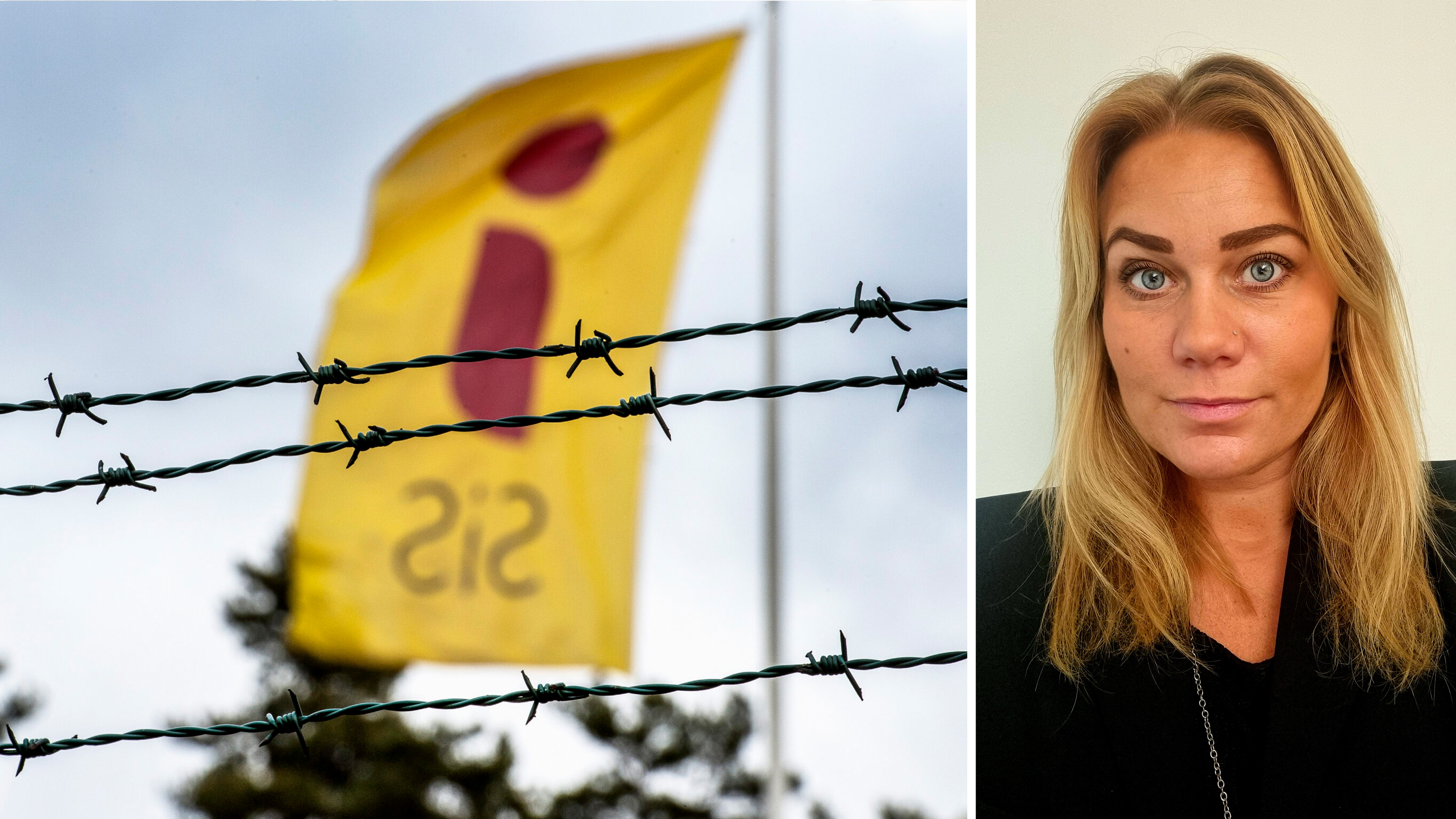 En gul SIS-flagga bakom taggtråd till vänster; till höger en kvinna med blont hår ser mot kameran mot en enkel bakgrund.
