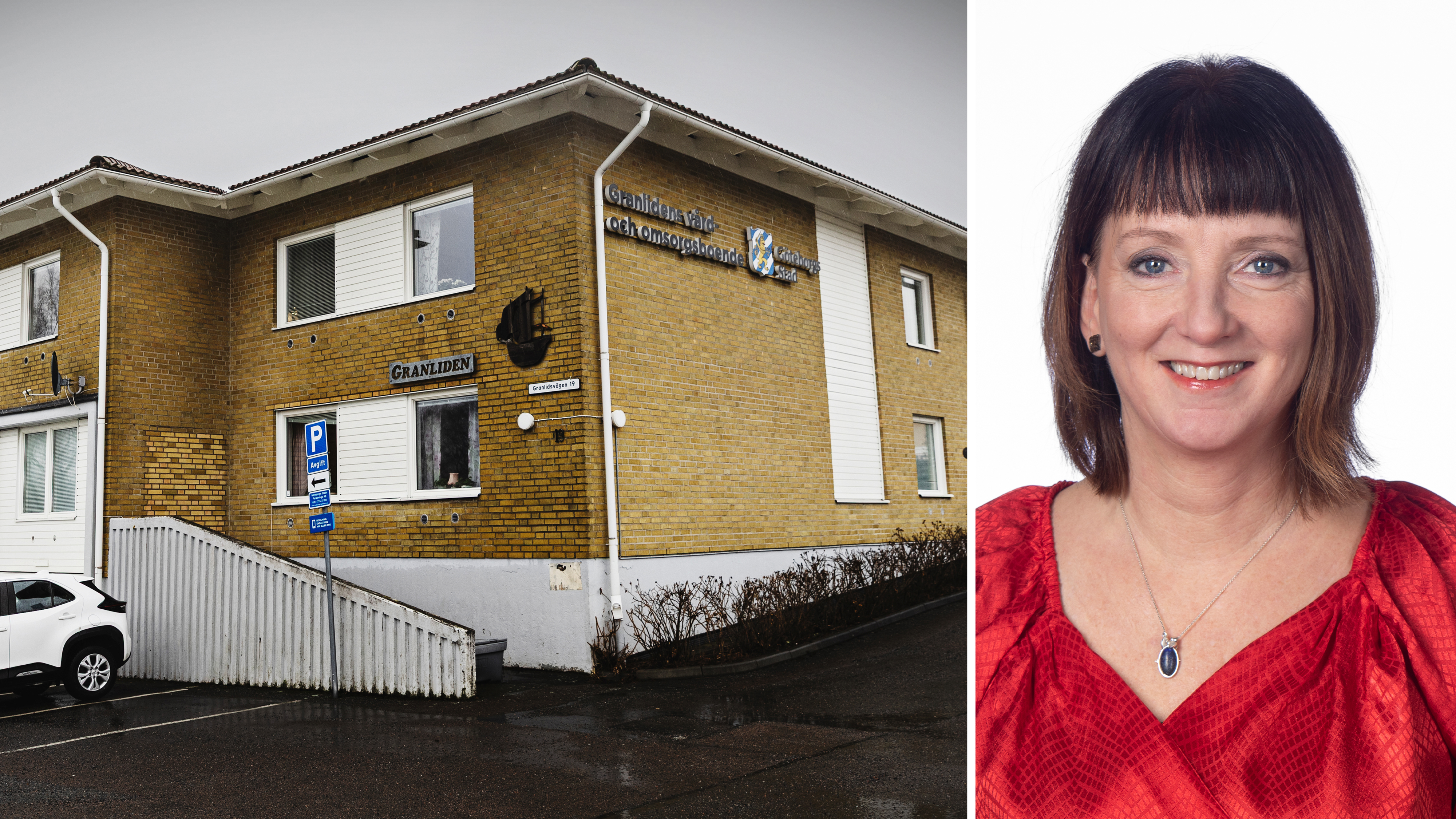 En byggnad av tegel med en skylt där det står "Granliden" till vänster och Marina Johansson till höger.