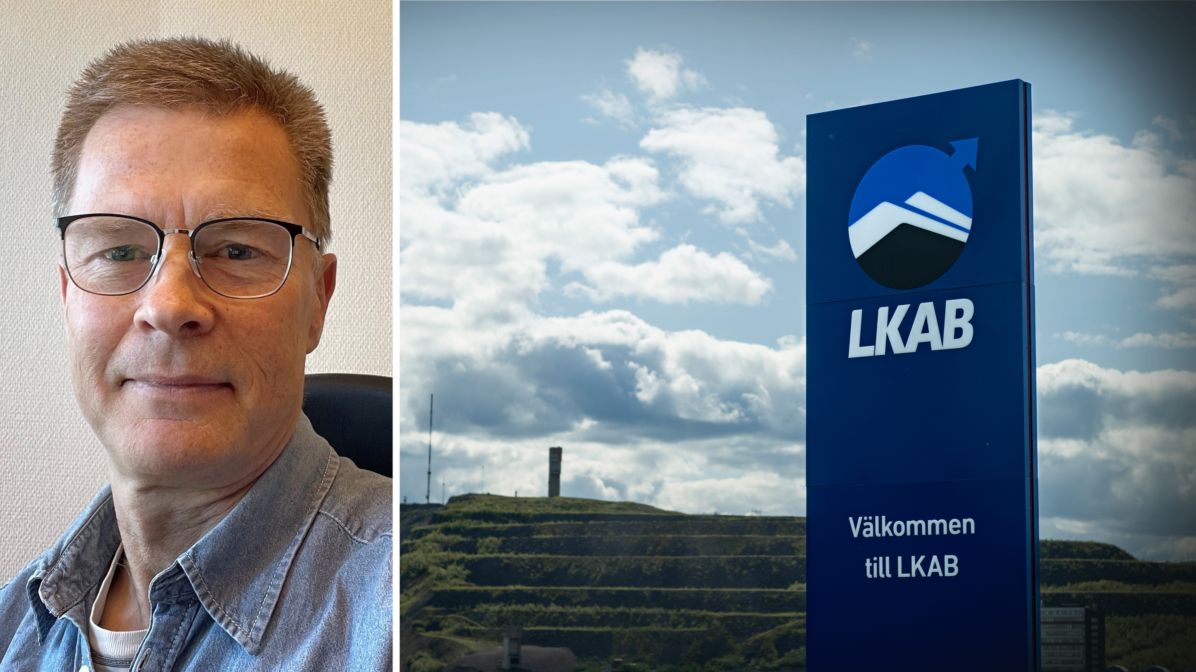 Jan Sandberg med glasögon och jeansskjorta till vänster, till höger en LKAB-skylt med svensk text och gruvan i bakgrunden.