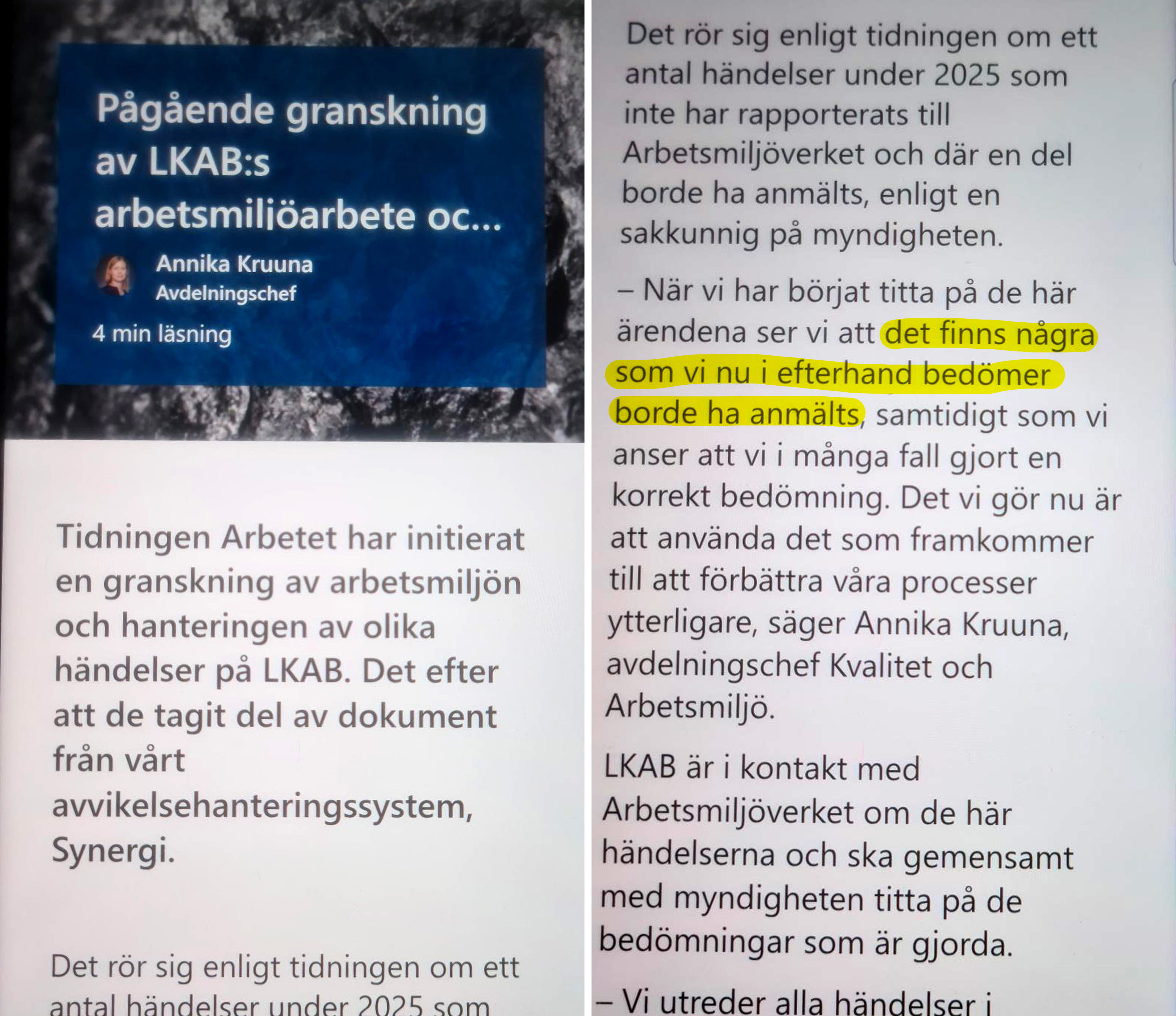 Närbild av en svensk text som tar upp granskningen av LKAB:s arbetsmiljöfrågor med ett gulmarkerat avsnitt där företaget medger att det begåtts fel.