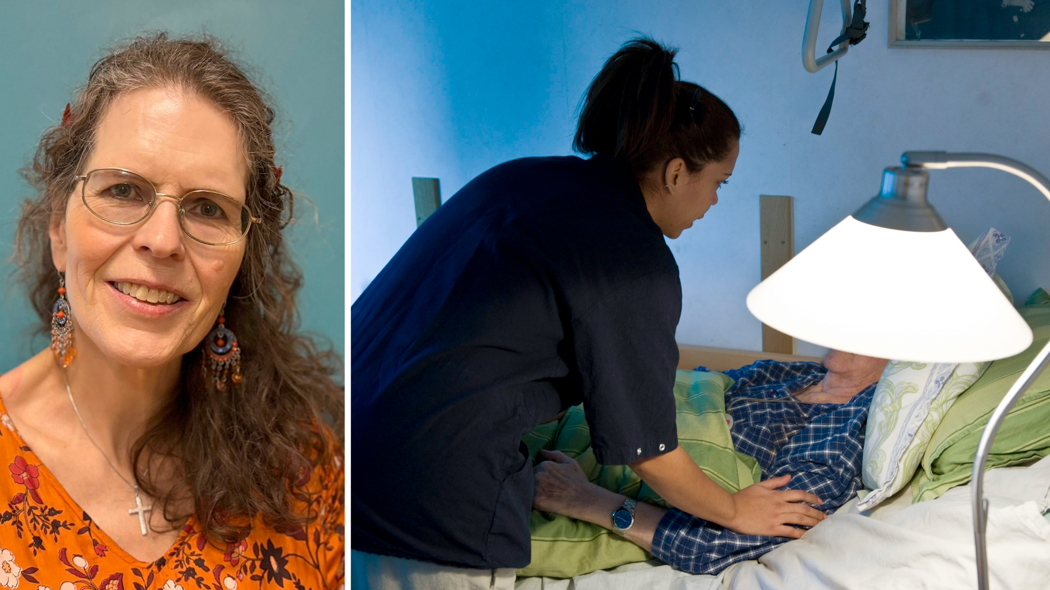 Delad bild med foto på Berit Bakkmyr invid en vårdpersonal som hjälper en äldre person i en säng.