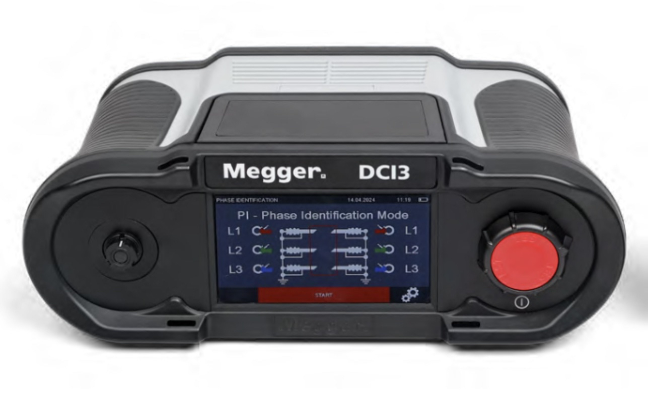 Megger DCi3-enhet med skärm och stora knappar på varje sida för att indikera fasdetekteringsläge.