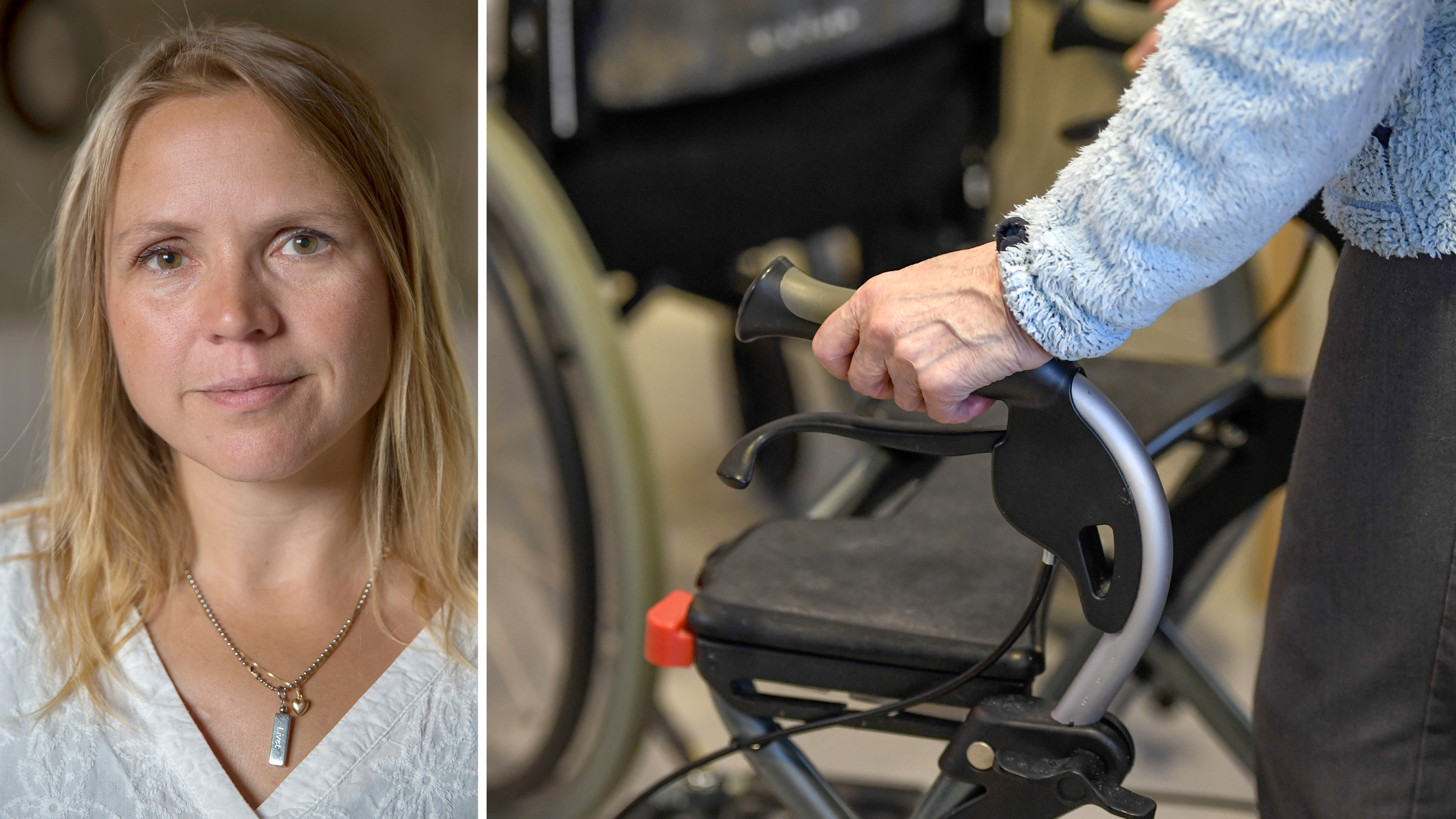 Delad bild med ett foto på Charlotta Lindgren, invid ett foto på en äldre person som tar stöd mot en rollator.