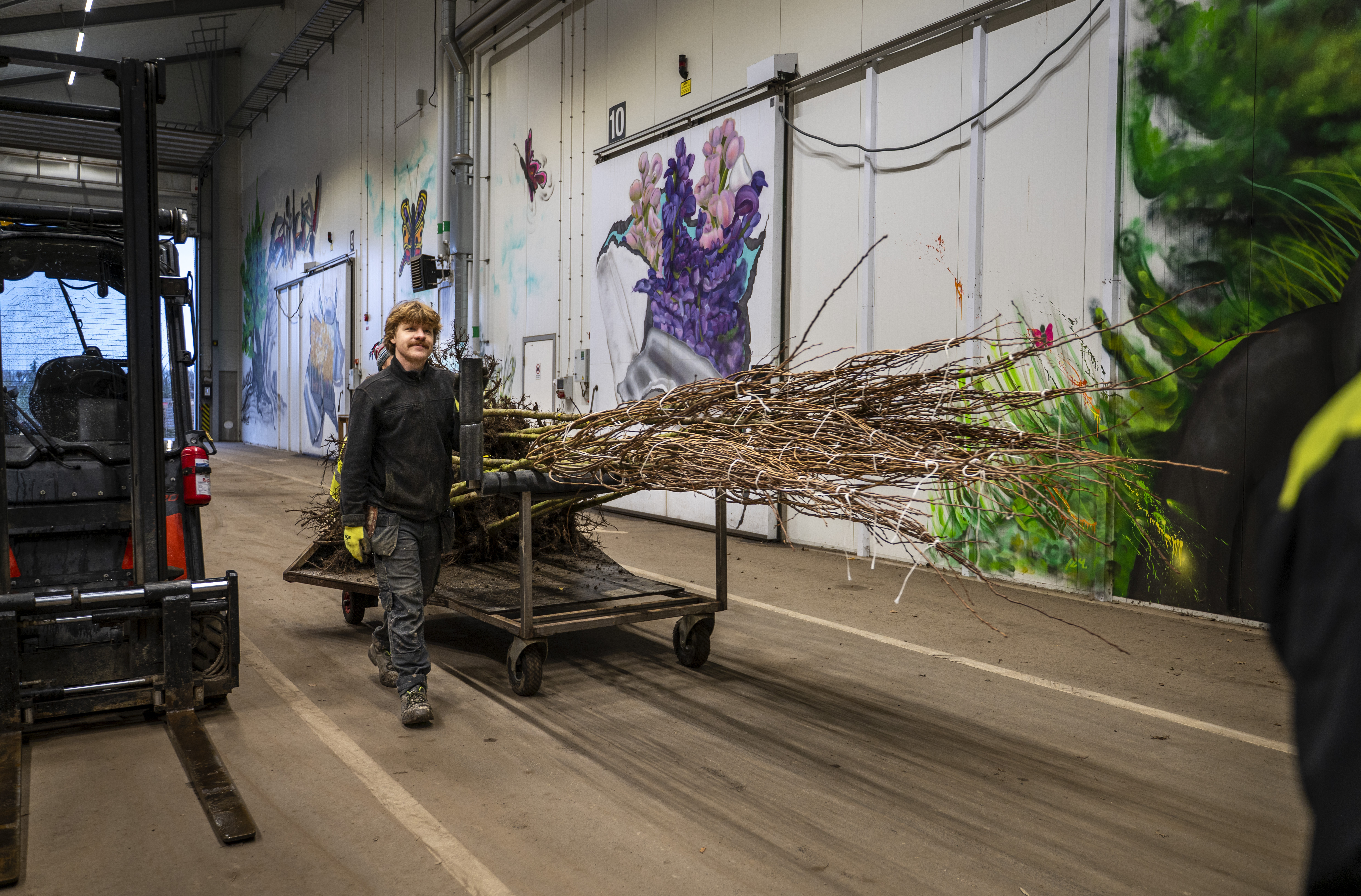 En person skjuter en vagn lastad med trädgrenar i en industrihall med målade väggar.