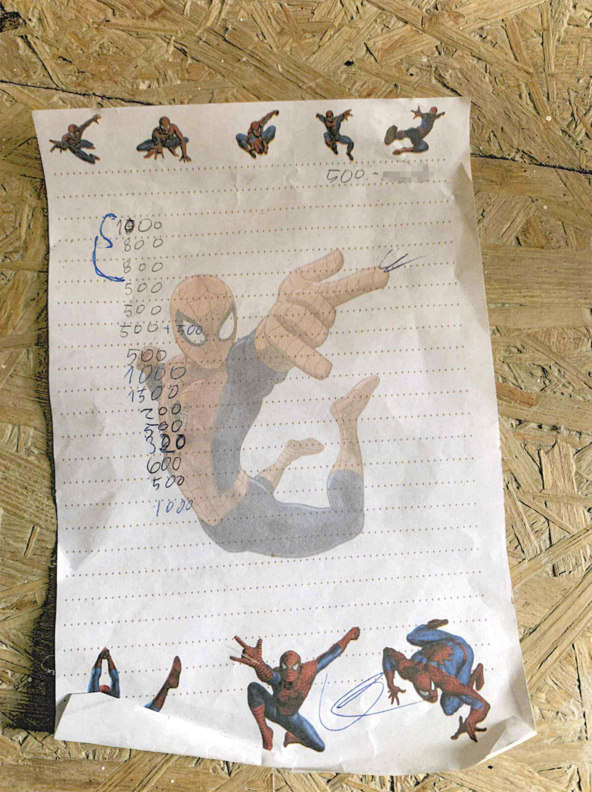 Ett rutat papper med Spider-Man-bilder, handskrivna siffror i blått bläck och klotter, fasttejpat på en träyta.