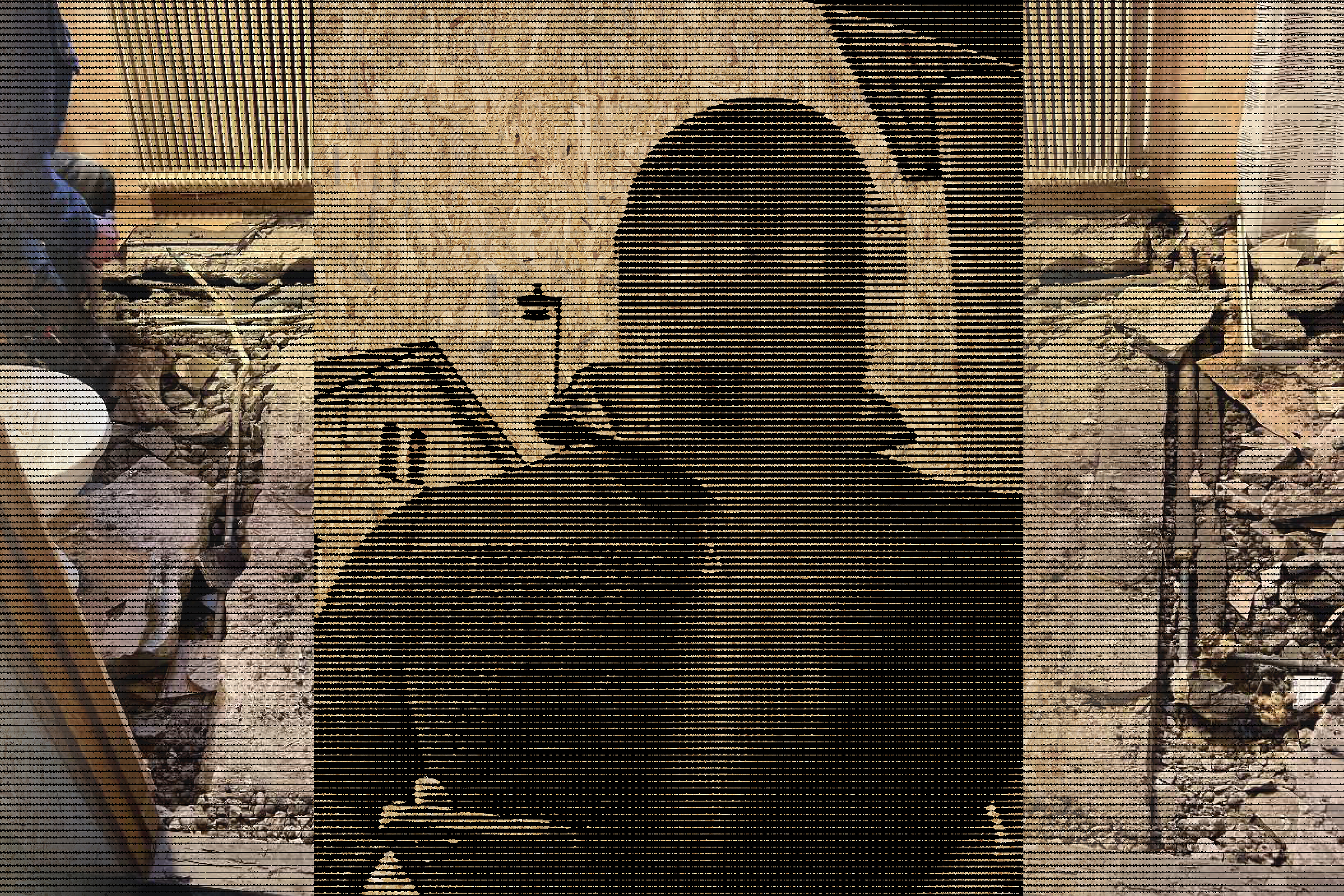 En person i mörka kläder är lagd ovanpå en bakgrund med ett delvis rivet eller ouppfört rum, bråte och synliga bjälkar.