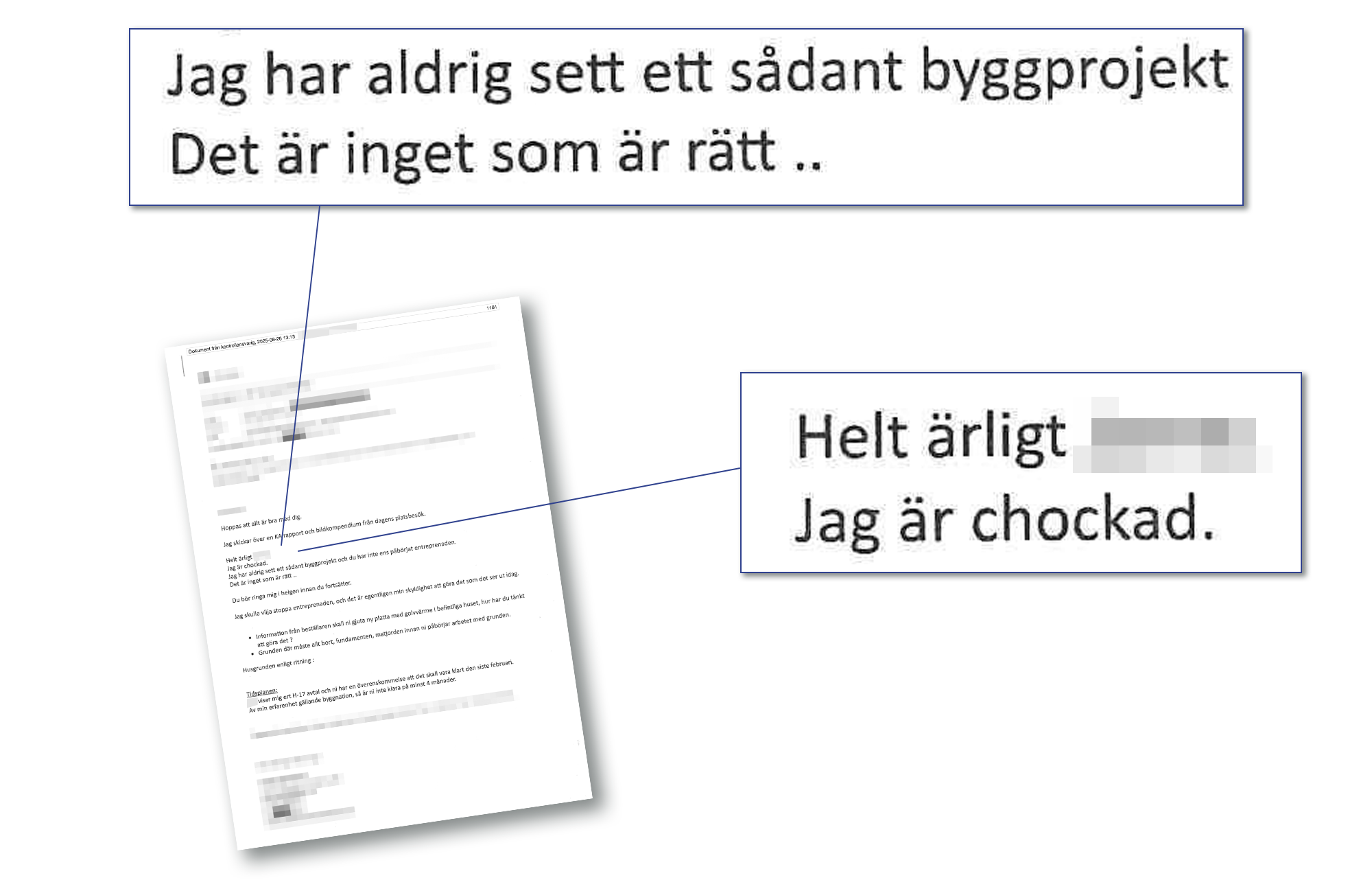 En skärmbild av ett dokument med svensk text: "Jag har aldrig sett ett sådant byggprojekt" och "Helt ärligt [...] Jag är chockad.
