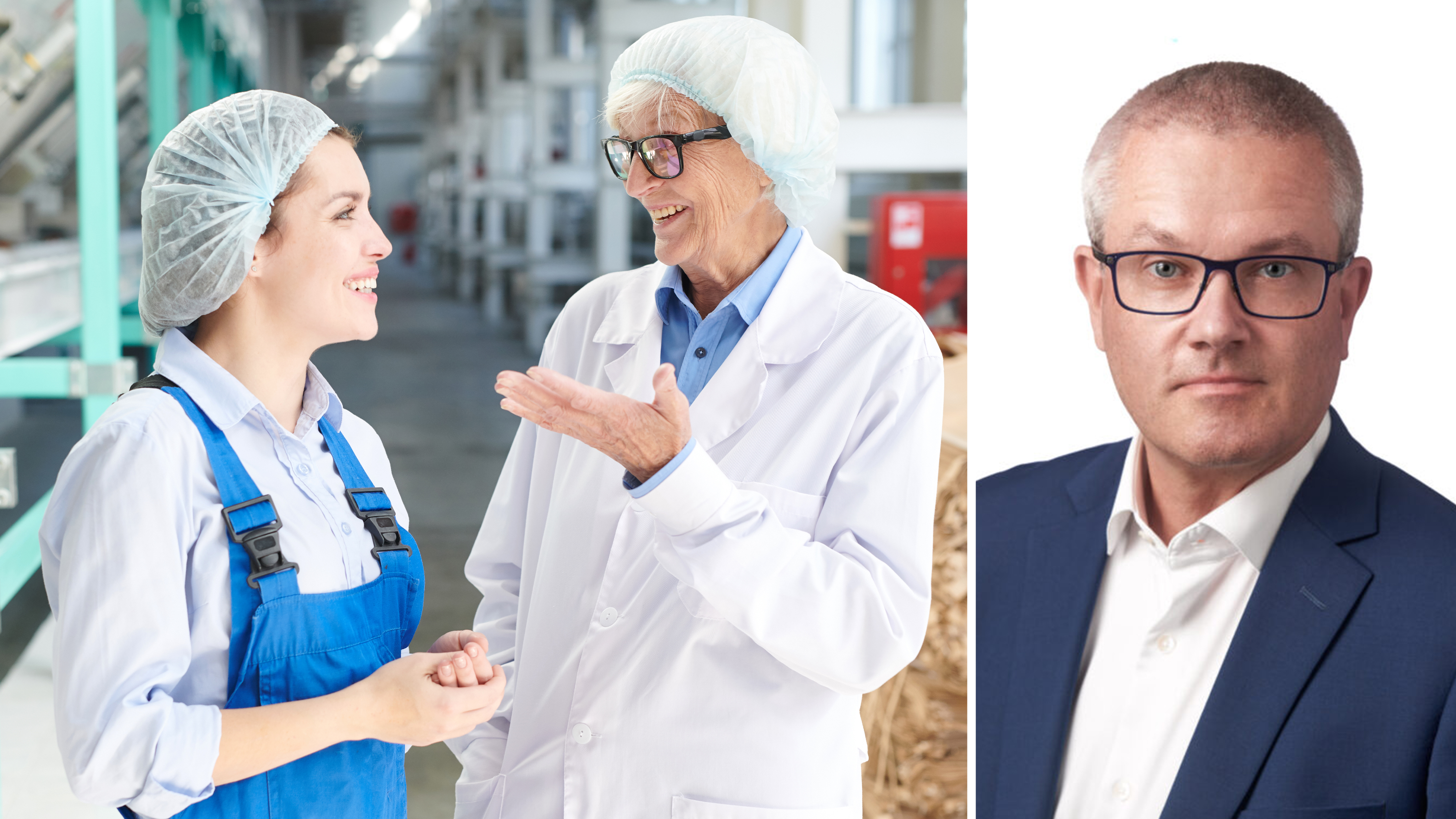 Två personer i skyddskläder pratar i en fabrik; till höger poserar en man i kostym och glasögon mot vit bakgrund.