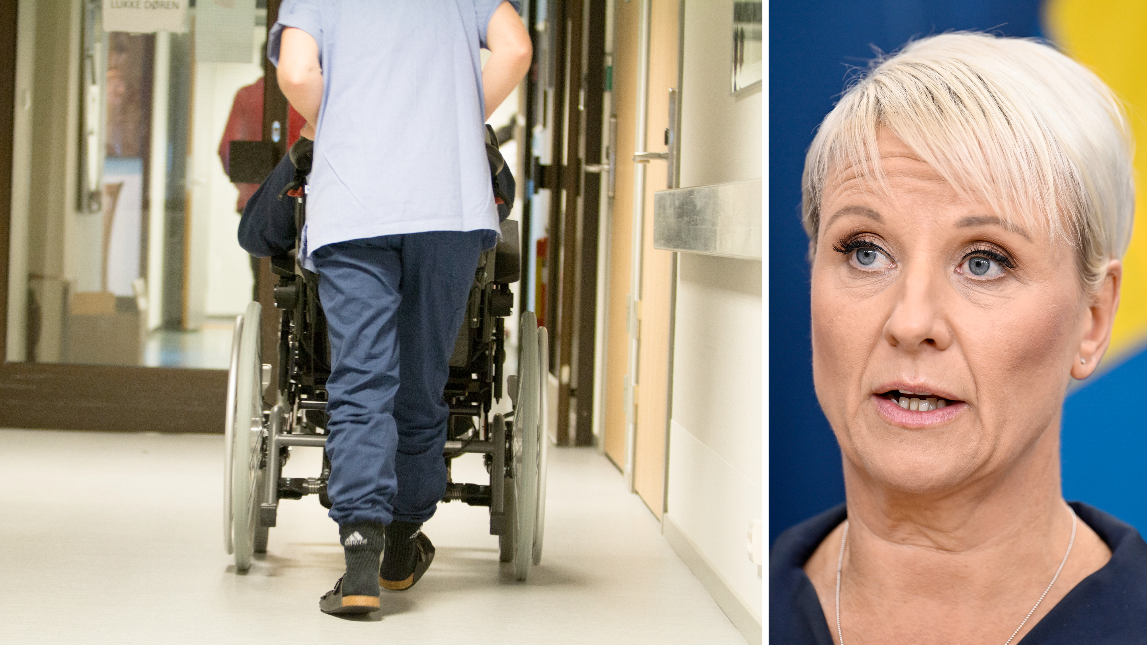Delad bild med en vårdanställd som drar en rullstol i en korridor, invid ett foto på Anna Tenje.