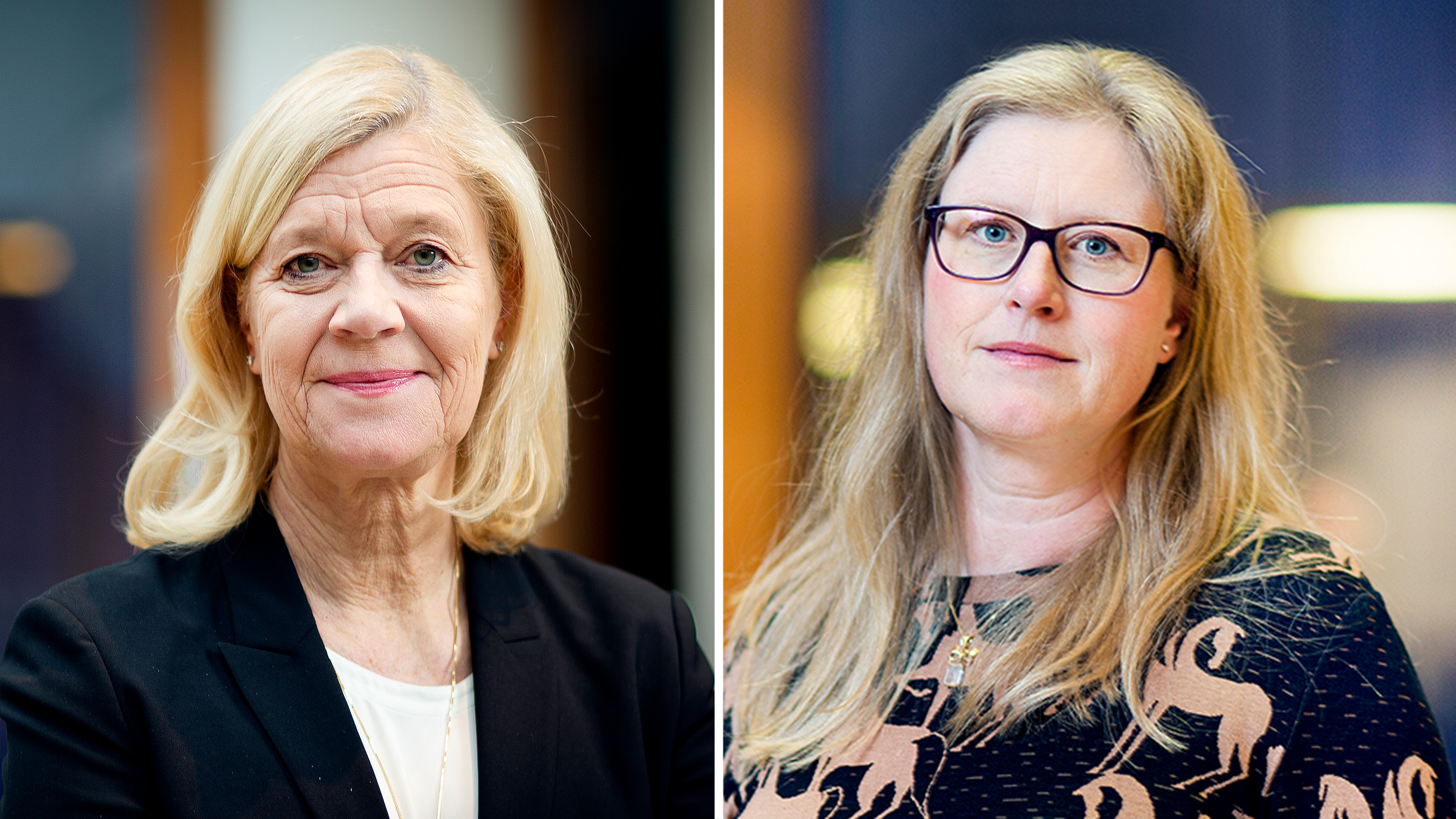 Två kvinnor står bredvid varandra; kvinnan till vänster har kort blont hår och svart kavaj, kvinnan till höger har långt blont hår, glasögon och mönstrad topp.