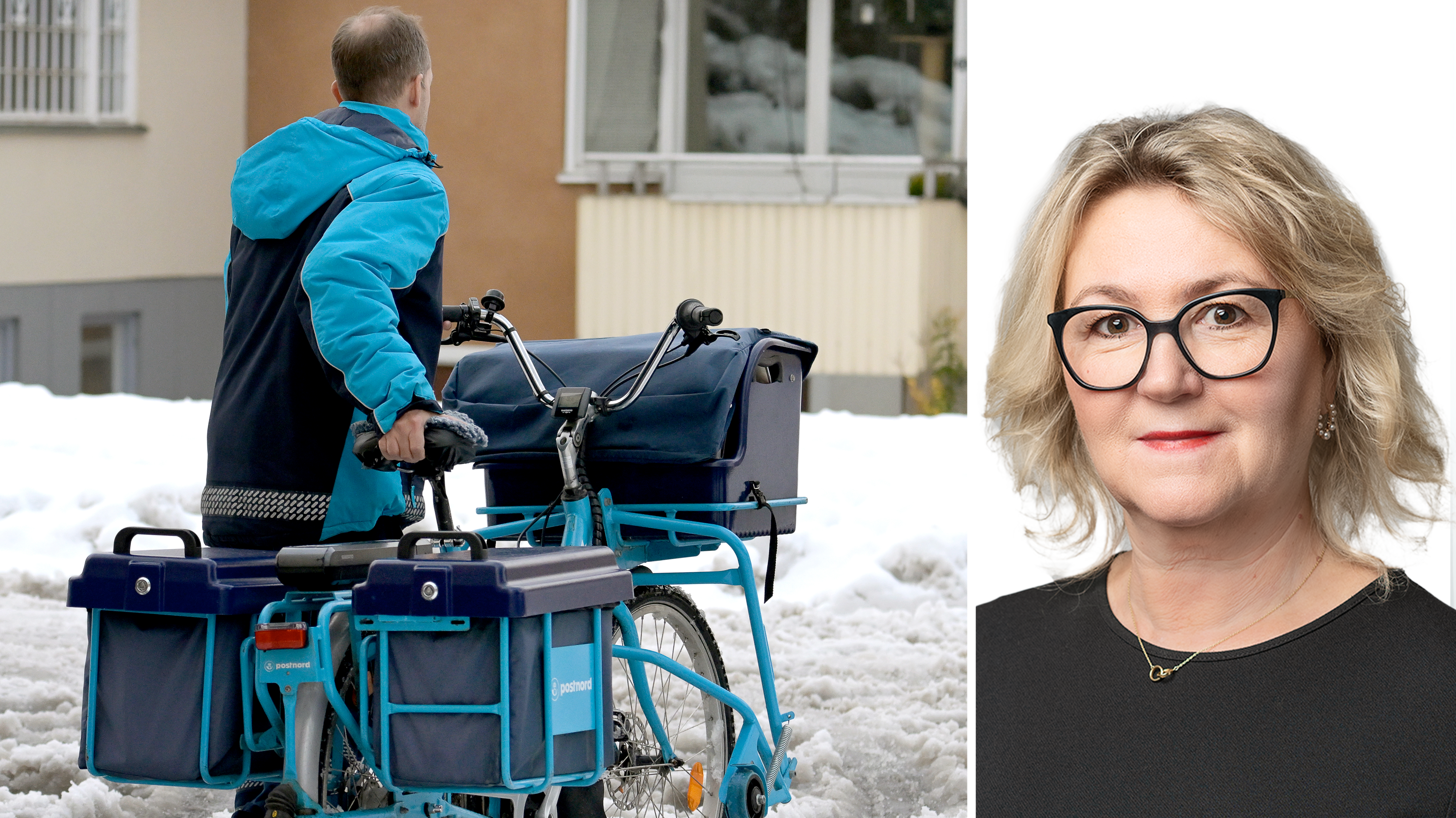 Delad bild: Till vänster är en brevbärare som drar sin cykel genom snön. Till höger är ett porträtt av Charlotte Steen.