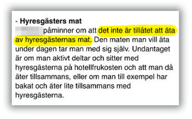 En svensk text där meningen ”det inte är tillåtet att äta av hyresgästernas mat” har gul markering.