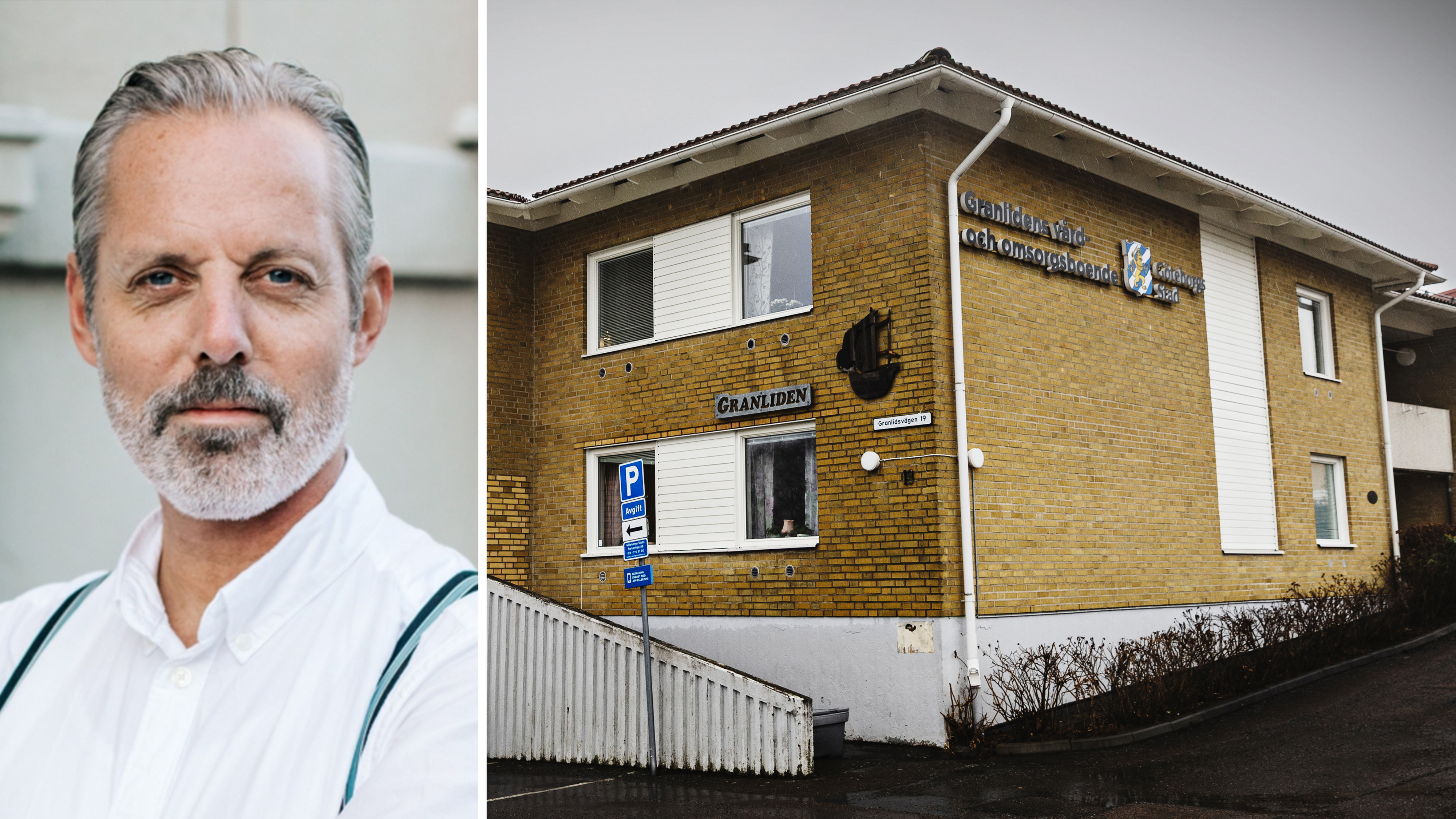 En delad bild med en Dan-Ove Marcelind med grått hår och skägg till vänster och en tvåvånings tegelbyggnad märkt "Granliden" till höger.