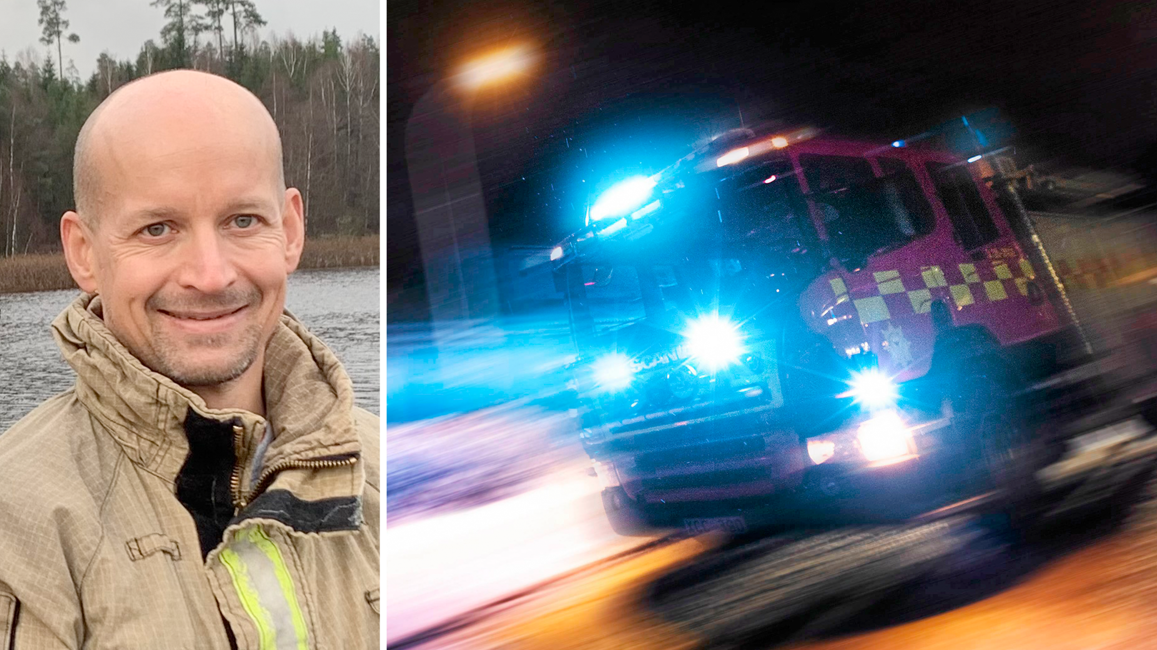 Delad bild med foto på Marcus Aronsson invid ett foto på en brandbil under utryckning.