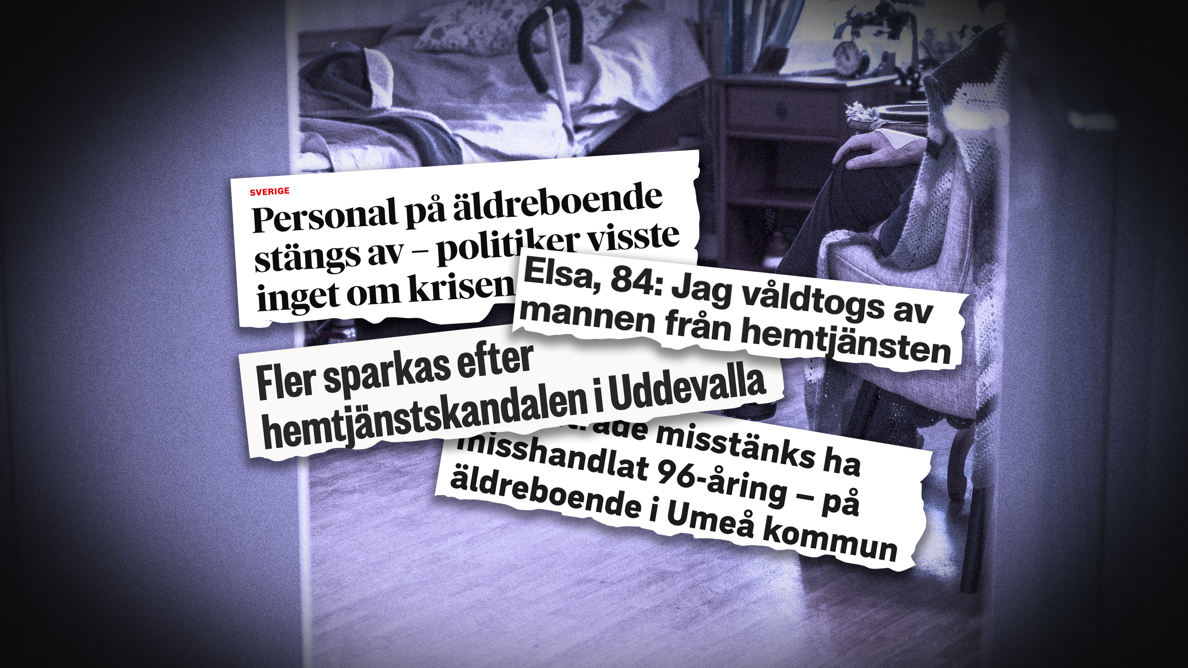 Rubriker på svenska om skandaler och missförhållanden inom äldreomsorgen, över en bild av en hall med rullstol och säng.