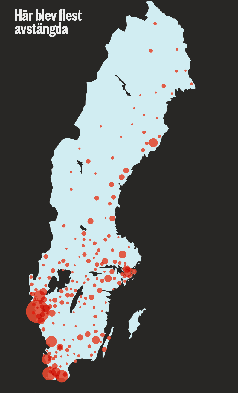 En karta över Sverige med röda cirklar i olika storlekar som markerar platser med flest avstängningar.