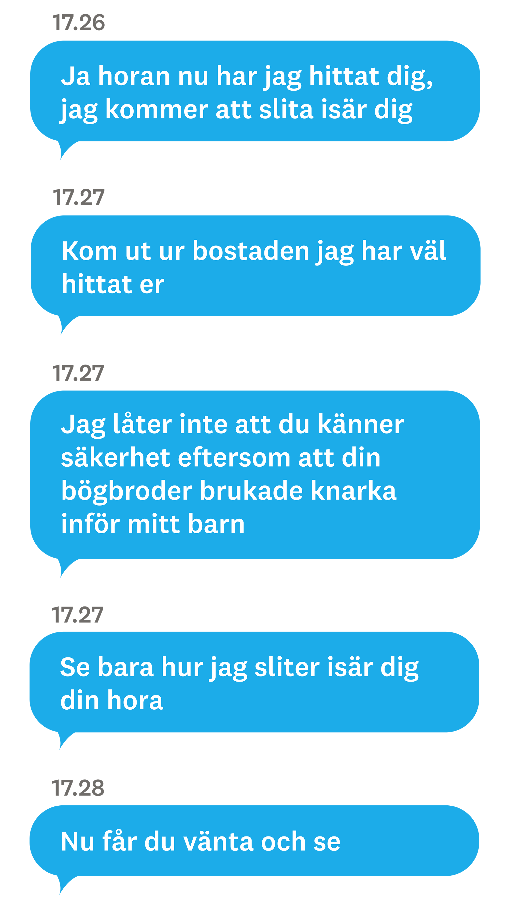 En rad svenska sms visas i blå chattrutor med tidsangivelser mellan 17:26 och 17:28.