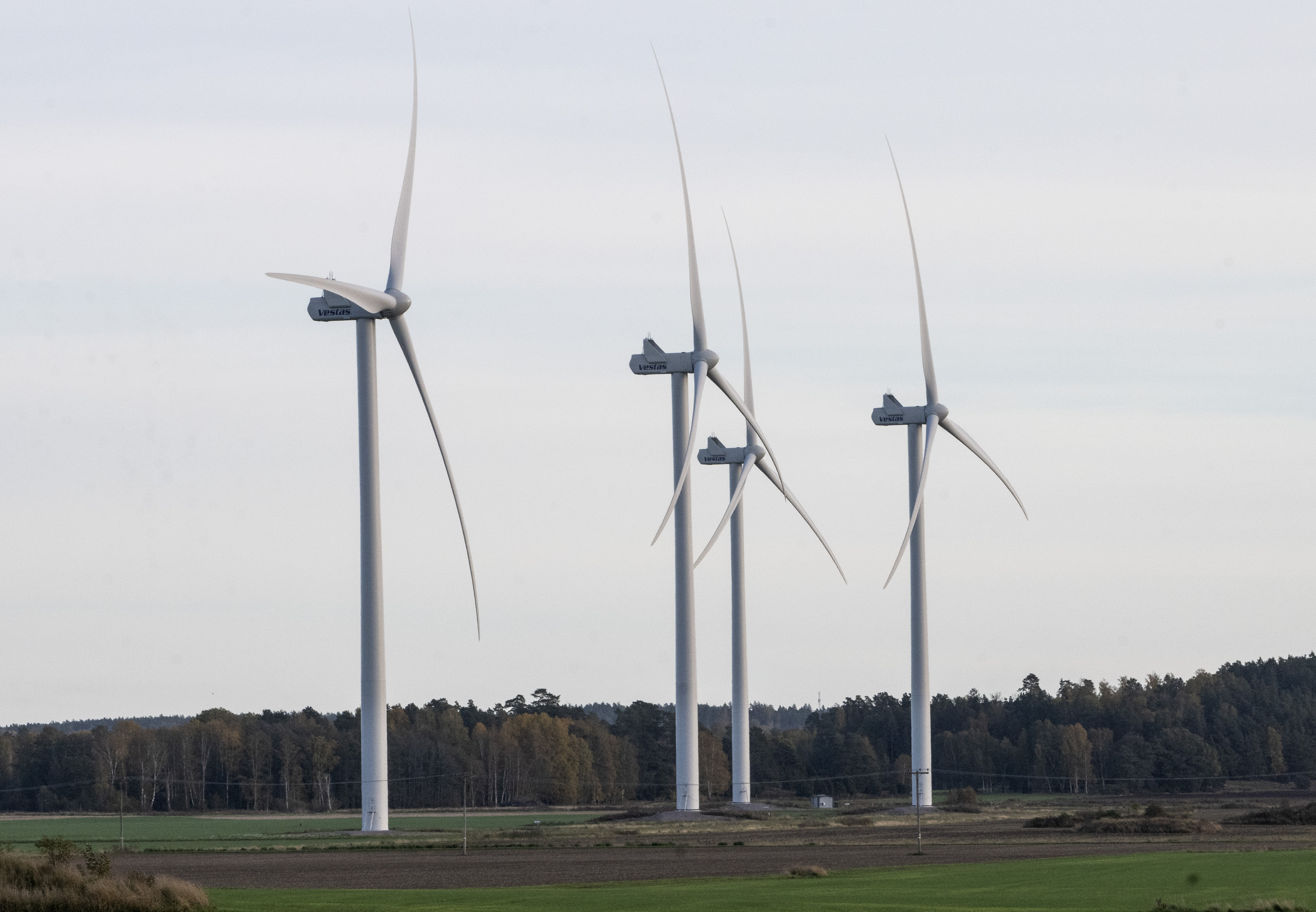 Tre vindkraftverk står på ett öppet fält med träd och molnig himmel i bakgrunden.
