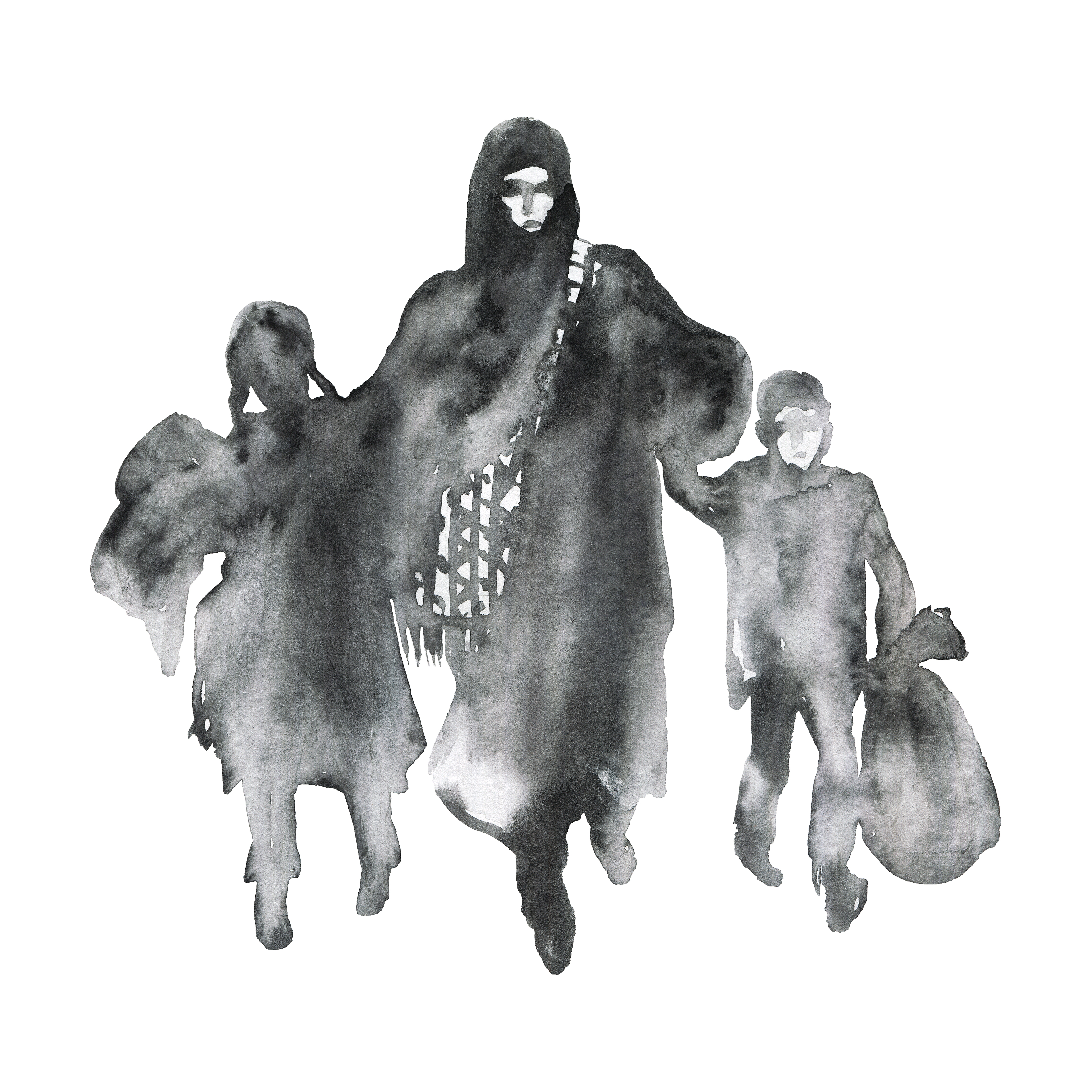 Illustration i svartvitt av en vuxen person som går med två barn, ett på varje sida, mot en vit bakgrund. Personerna håller varandra i händerna.