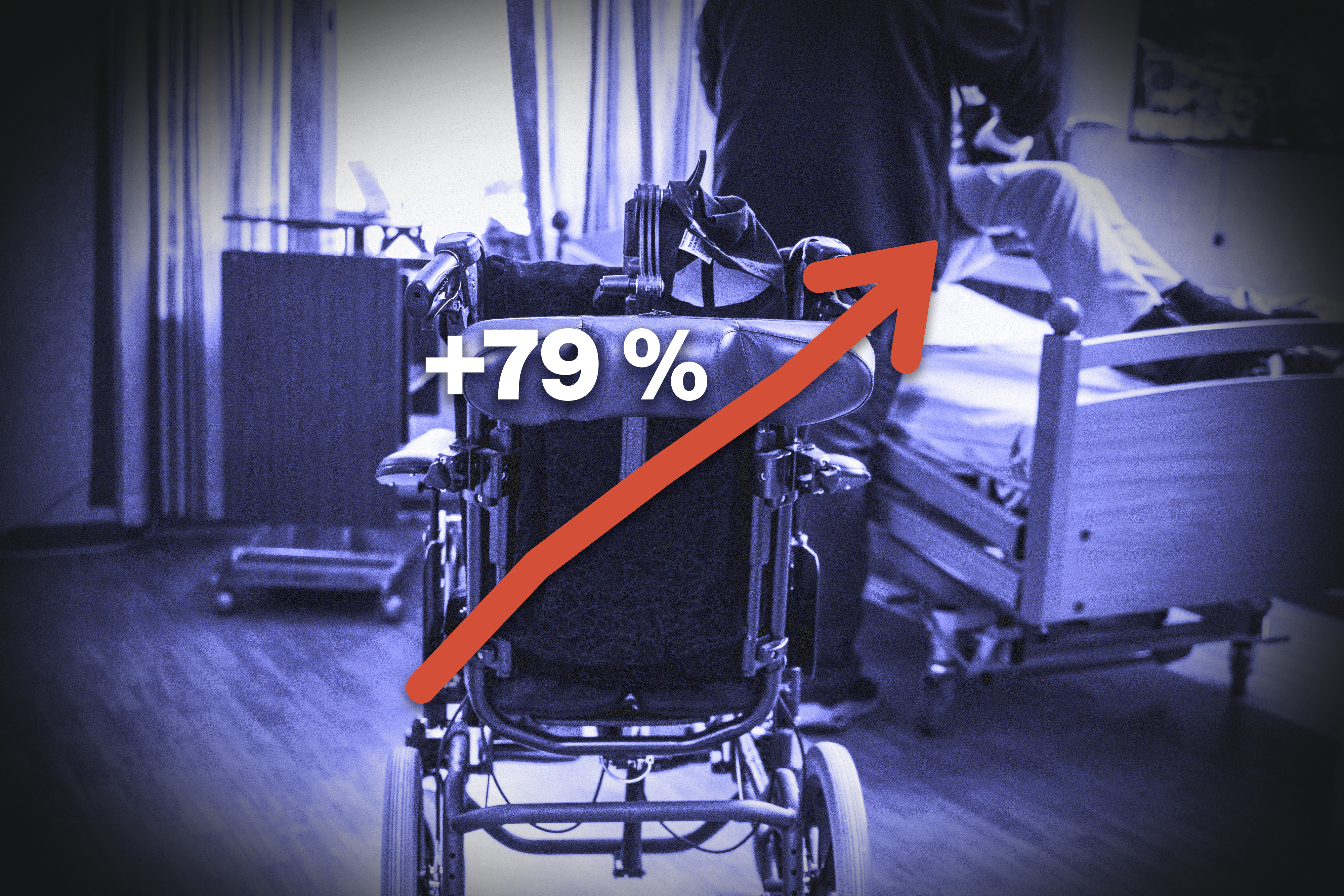 En pil som pekar uppåt ovanpå en genrebild från äldreomsorgen i en blå ton.