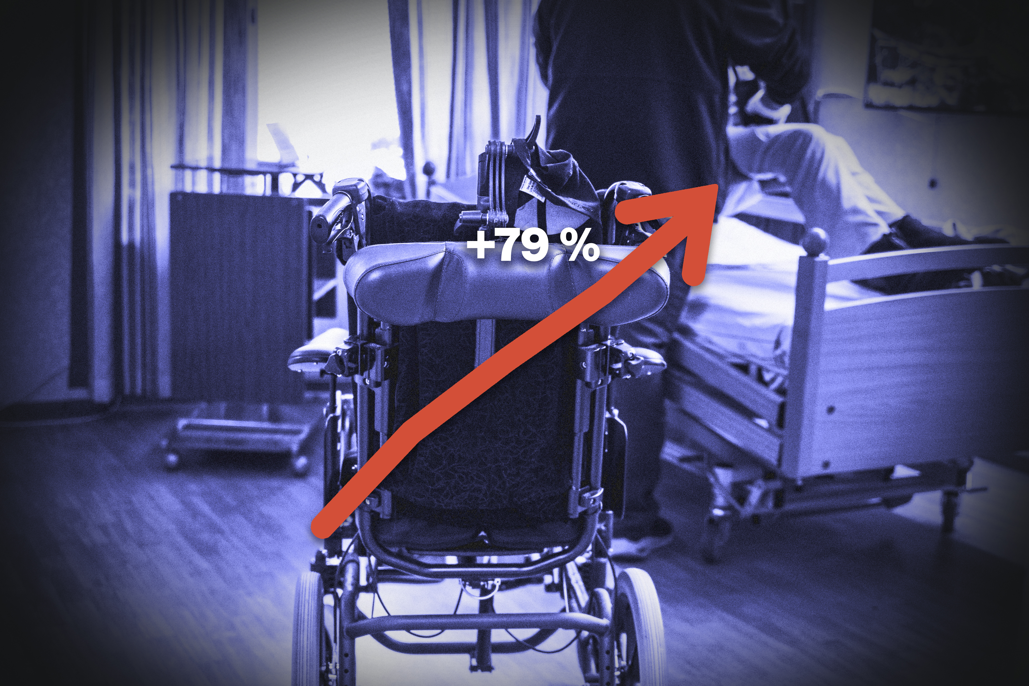 En pil som pekar uppåt ovanpå en genrebild från äldreomsorgen i en blå ton.